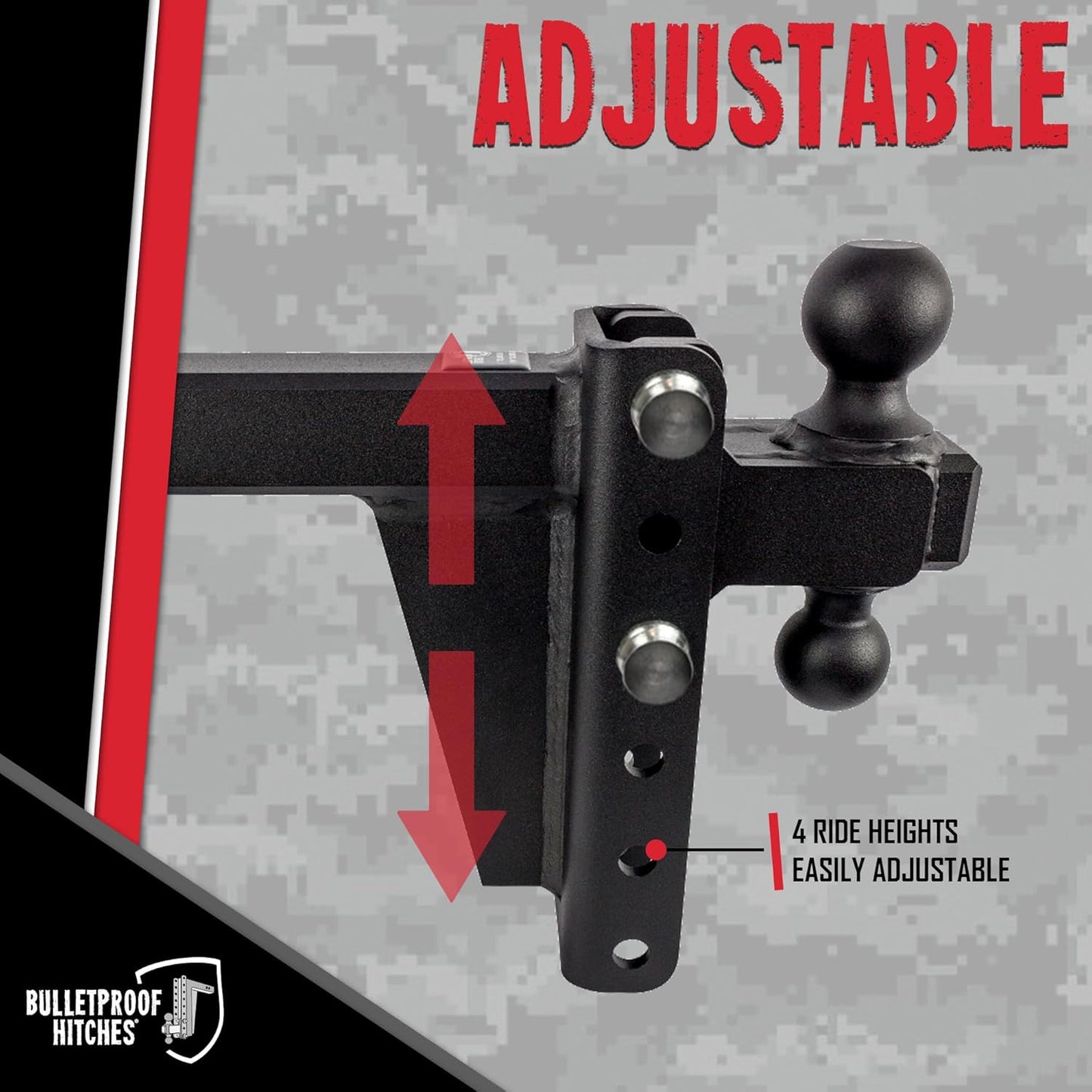 BulletProof Hitches - 2.0" Adjustable Heavy Duty Trailer Hitch (22,000 lb. Rating) - 6" Drop/Rise Trailer Hitch with 2" & 2-5/16" Dual Ball - Powder Coat, Solid Steel, Corrosion-Resistant