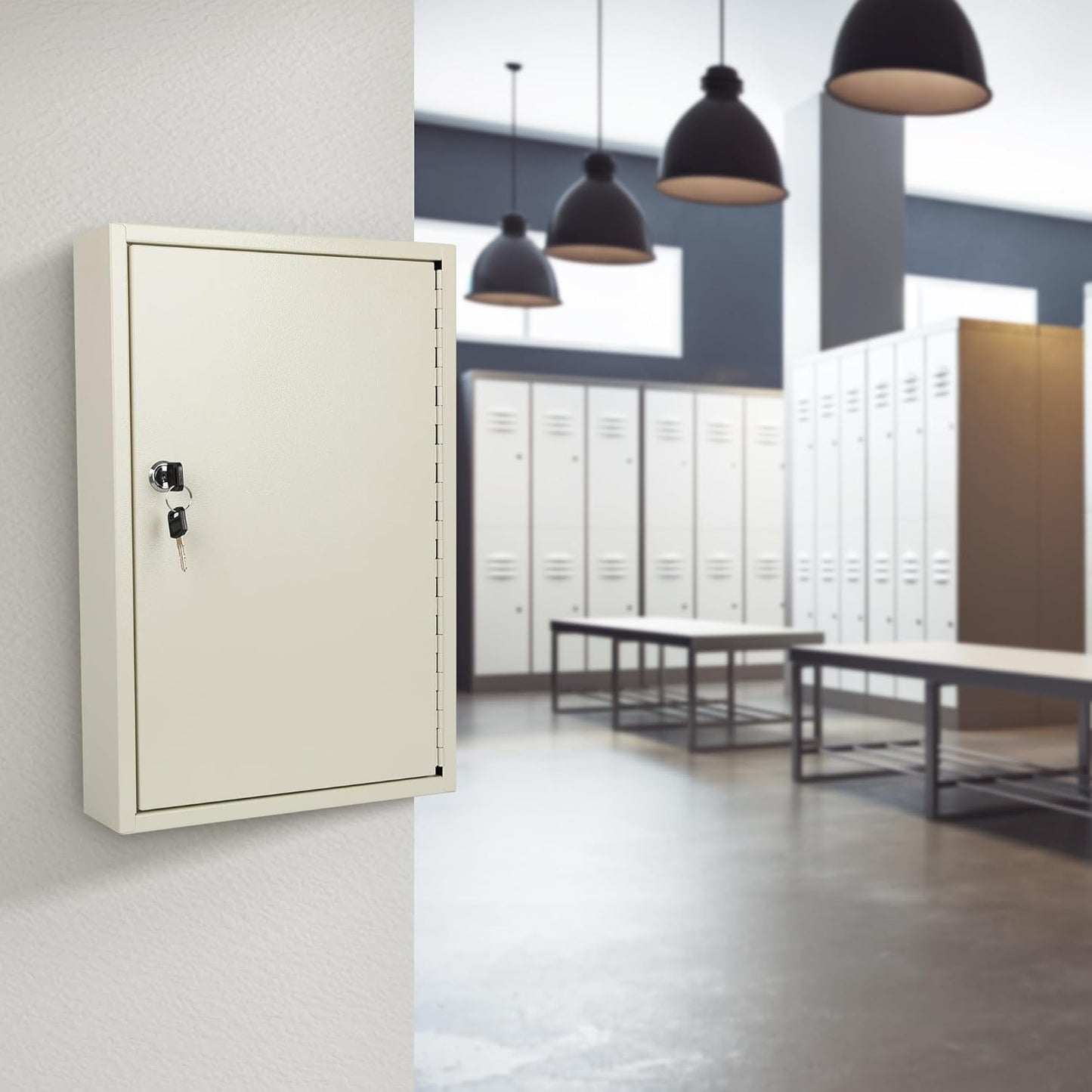 ORIENTOOLS Key Box Steel Key Safe Cabinet, Wall Mount Key Holder Lock Box with Key Tags, Key Organizer Ideal for Home, Hotels, Valets and Office Key Storage (64 Keys, White)
