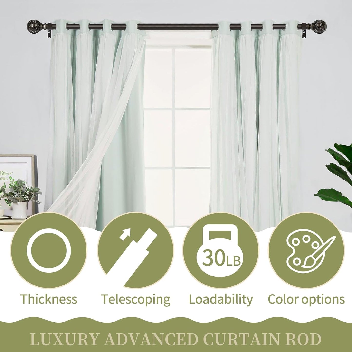 Bronze Farmhouse Curtain Rods for Windows:36-88 Inch Heavy Duty Adjustable Curtain Rod for Bedroom Living Room,Boho Decorative Rustic Drapery Rods with Vintage Coastal Finial,Antique Bronze