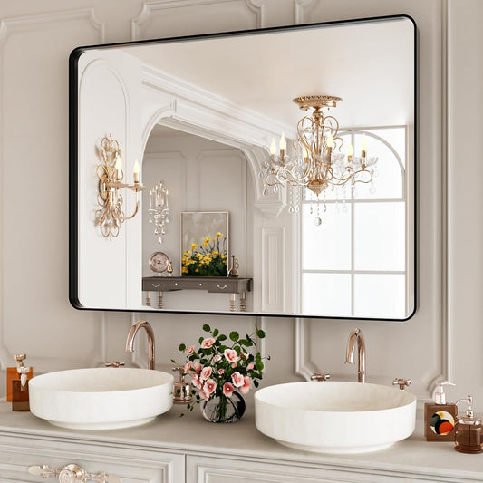 40x30 Inch Black Metal Framed Bathrrom Mirror for Wall,Matte Black Rectabgle Vanity Mirror,Tempered Glass,Anti-Rust,Rounded Corner,Horizontal or Vertical