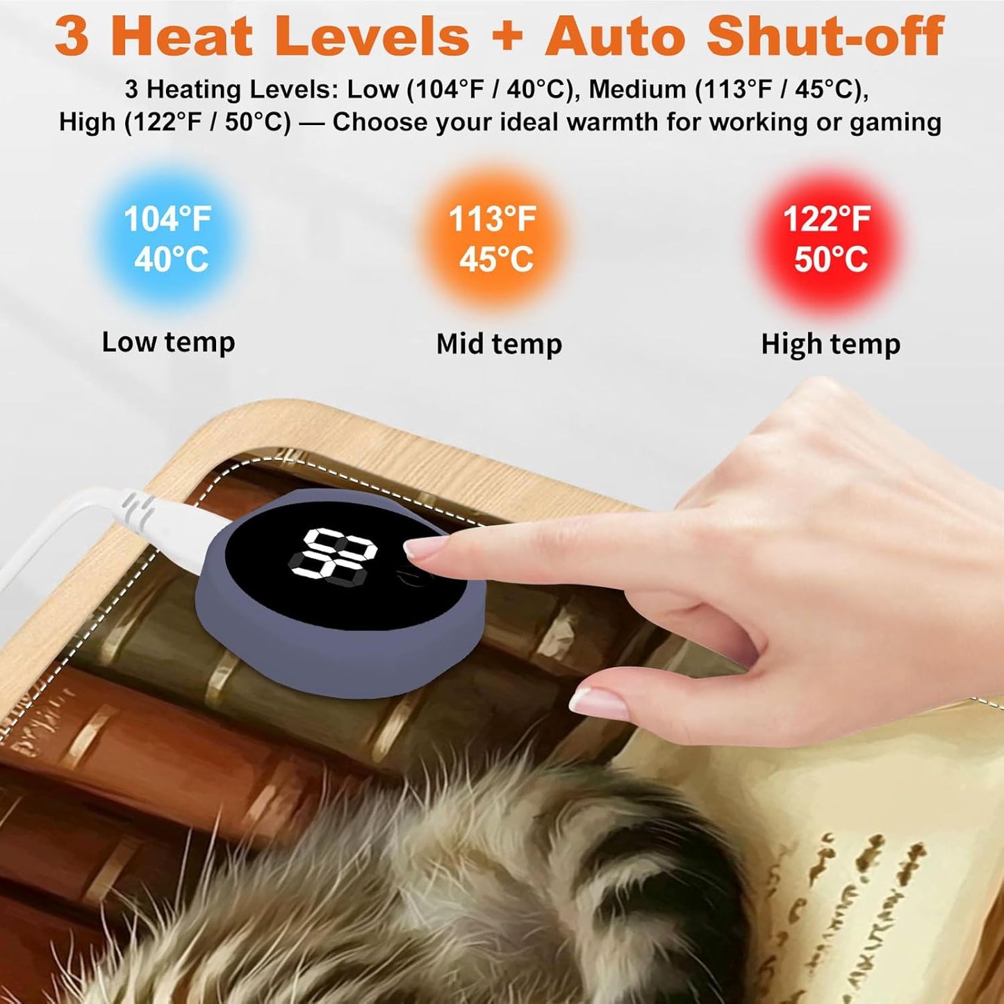 Small Heated Desk Pad 23.6" x 14.2" – Compact Electric Mouse Pad with 3 Heating Levels, Auto Shut-Off, Waterproof PU Surface, Plug-in Warmer for Office or Home Use, Kitten on Book