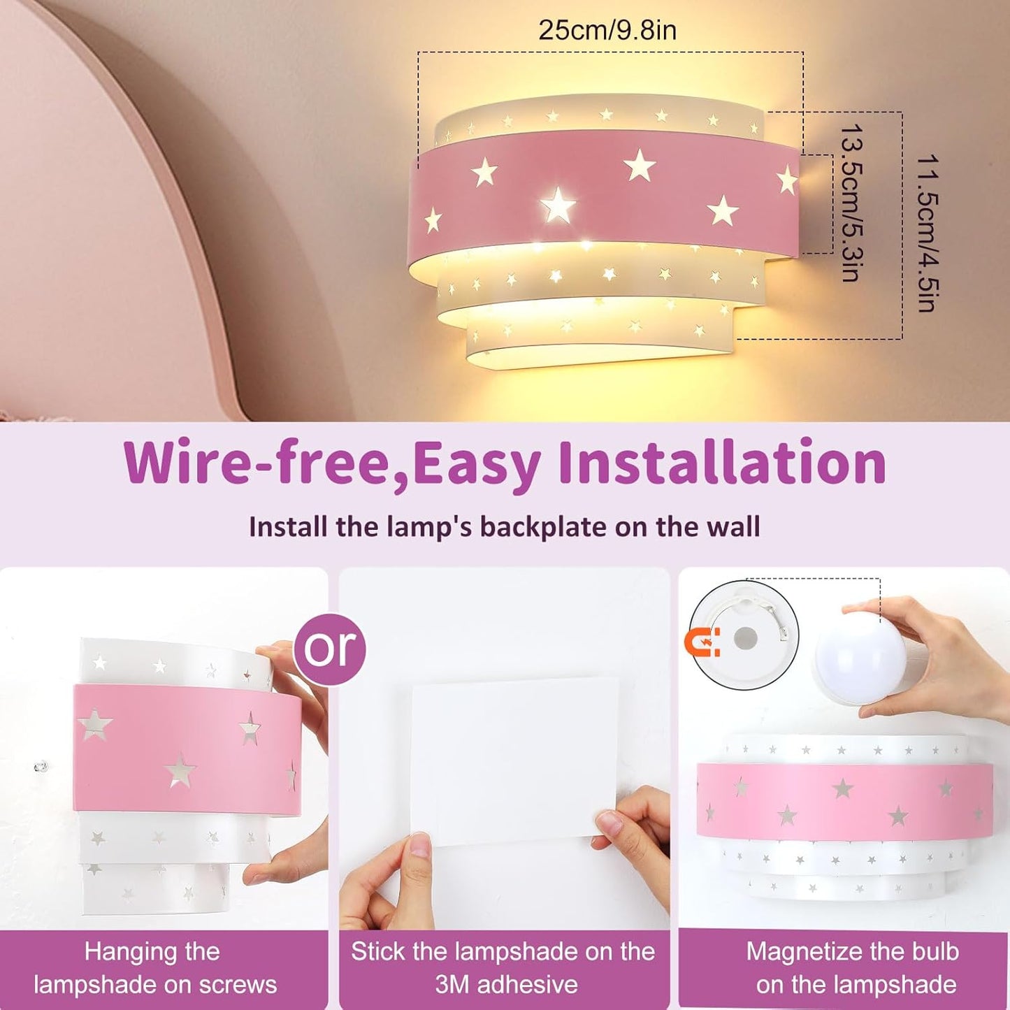 Lightess Pink Wall Sconce Battery Operated for Girls Room, LED Dimmable Wall Light Star, Cordless Wall Lamp for Children Bedroom Decor