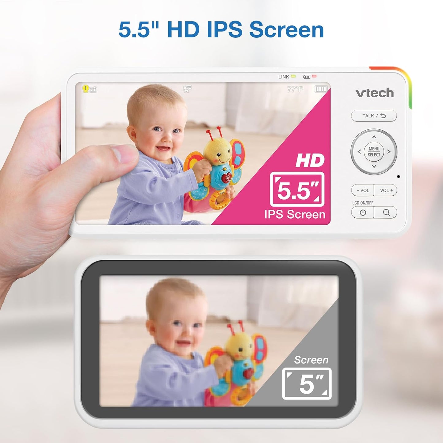 VTech 2-Cameras Advanced HD Video Baby Monitor with Camera & Audio, 5.5" High-Definition IPS Screen, Pan-Tilt-Zoom, Night Light, 2-Way Talk, Lullabies, Soothing Sounds, No WiFi: Advanced HD Plus Twin