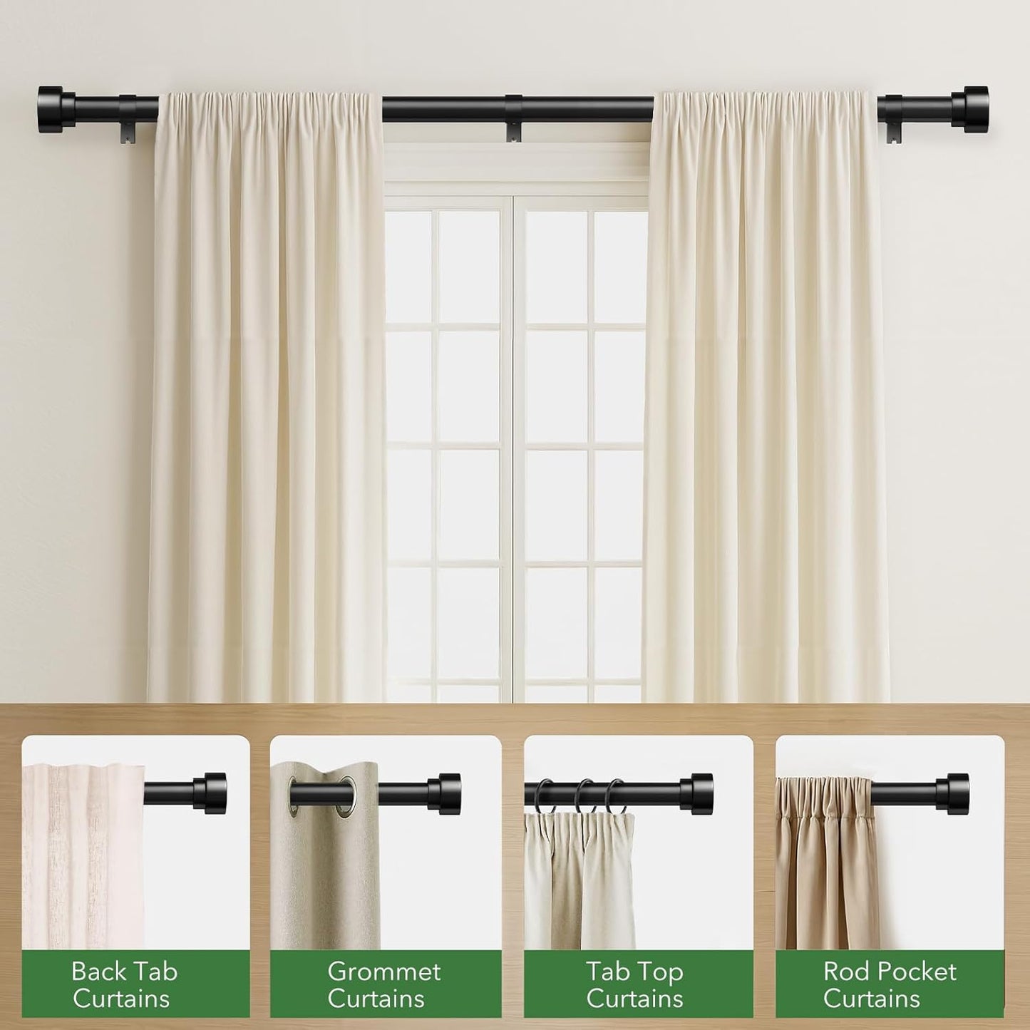 Time Forest Black Curtain Rods for Windows 48 to 84 Inch (4-7 Feet), 1 Inch Diameter Adjustable Heavy Duty Curtain Rod, Modern Style Indoor Outdoor Window Drapery Rods with End Caps, Size 32"- 90"