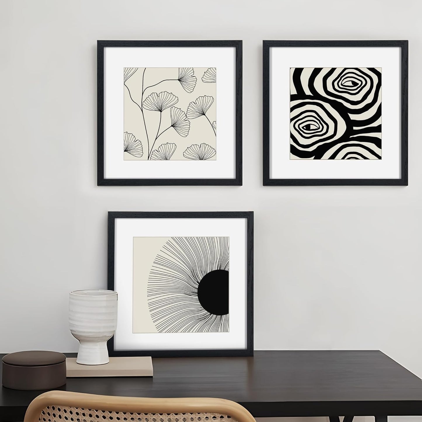 12x12 Picture Frame in Black, Square 12 x 12 Frame Set of 3, Natural Oak Wood Frame 12 by 12, 12x12 Frame with Mat of 8x8, 12"x12" Wood Frame with Tempered Glass, Wall Collage Frame 12 by 12