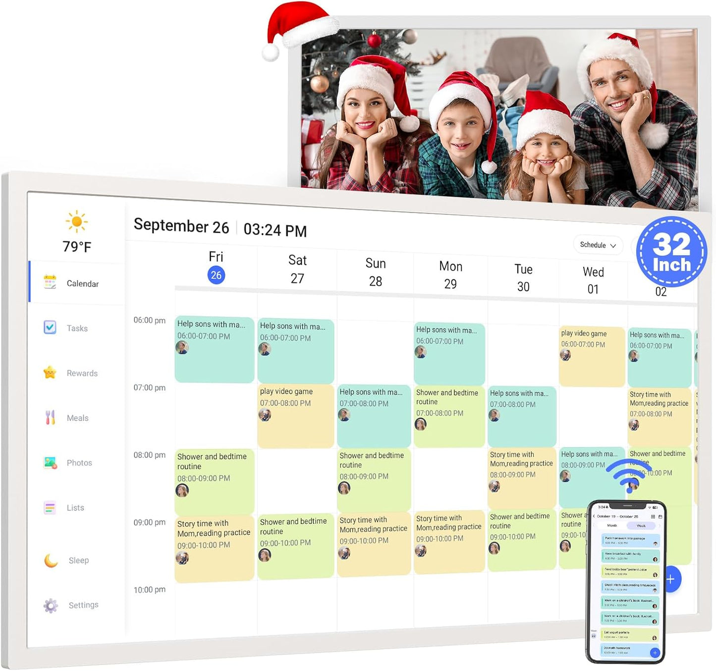 32" Digital Calendar Chore Chart for Wall Planner –Touchscreen Electronic Calendar Photo Frame for Family-Meal-Planner, Seamless Scheduling with Star Reward, Sync Online Calendar Via APP, Wall Mounted