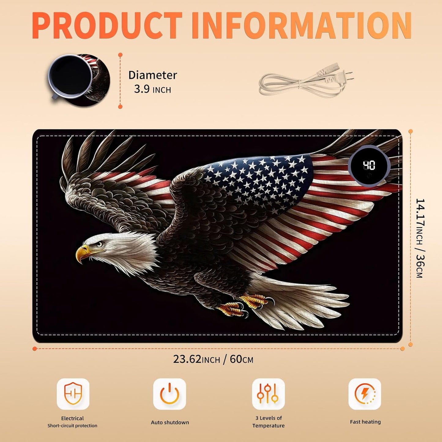 Heated Mouse Pad, Warm Desk Pad, Keyboard Mat 23.6 x 14 Inch Large Size Intelligent Fast Heating, 3 Speed Adjustable, Timed Auto Power Off for Game Office Home, Soaring American Flag Eagle