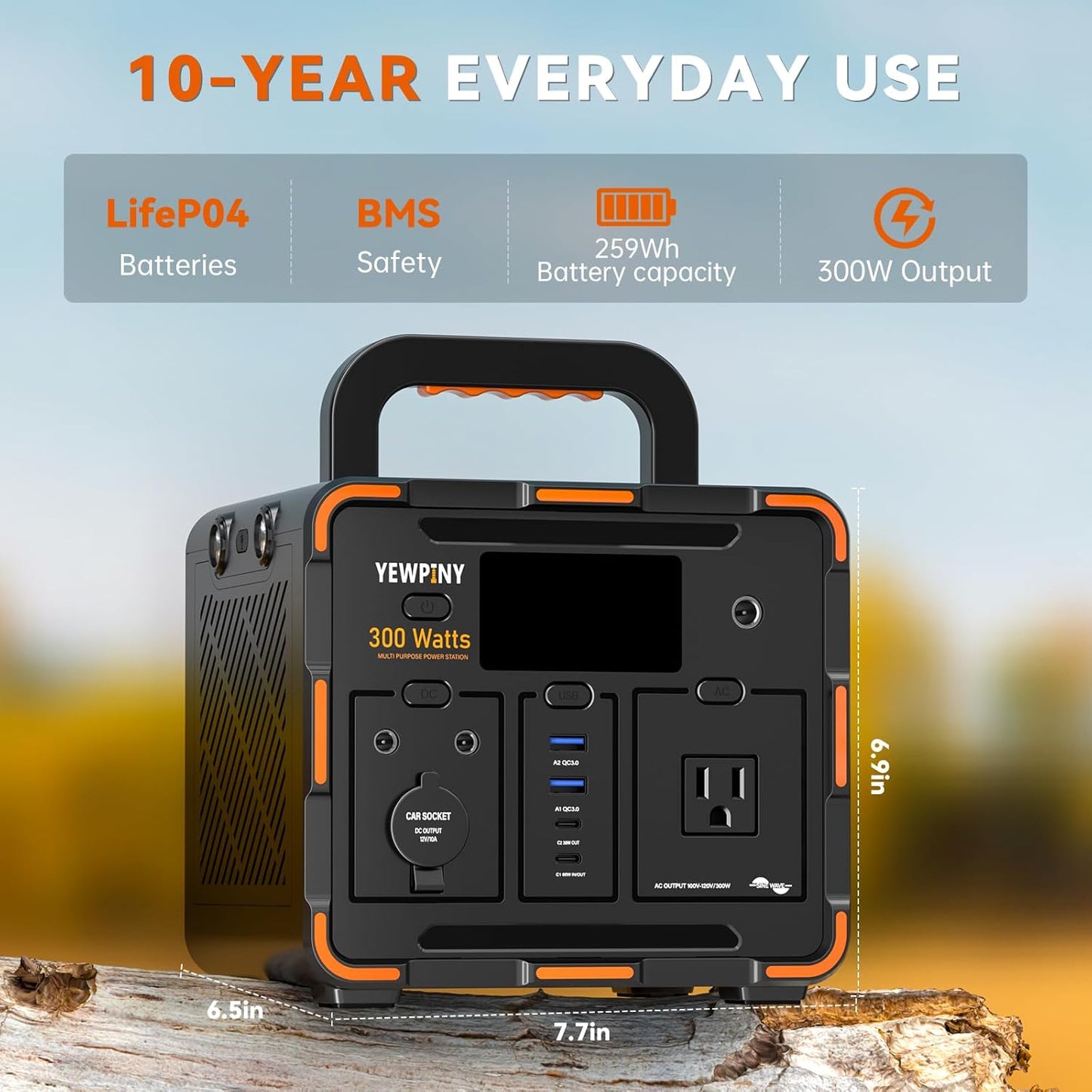 300W Portable Power Station, Solar Generator 259Wh, 70,000mAh LiFePO4 Battery with 65W USB-C PD&Pure Sine Wave AC, Solar Charging for Camping,Home Backup,Emergency Power(SOS Light & LCD Display)