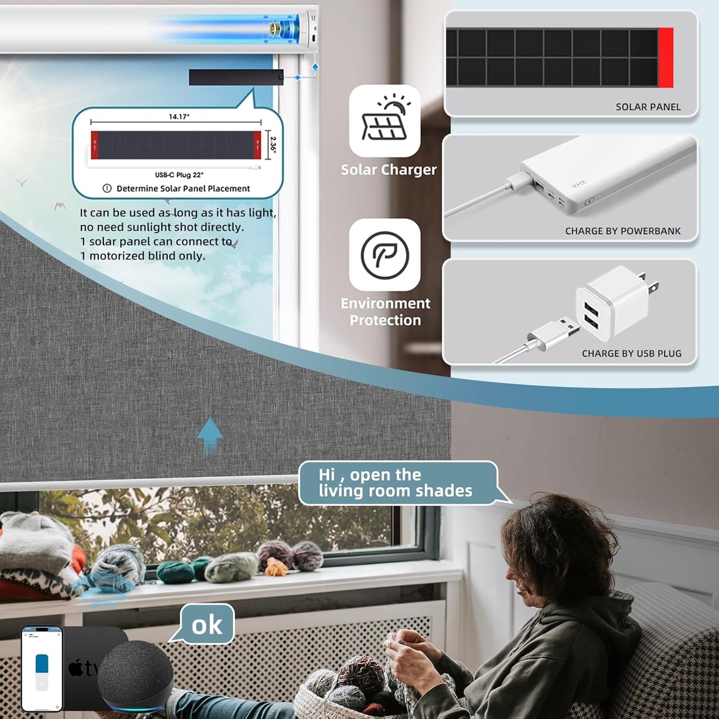 SmartWings Motorized Blinds Dual-Sided Blackout Shades Remote Control Smart Blind Shade Work with Thread Homekit Apple Z-wave Alexa Automatic Roller Shade Customized 16"-110"W (Bouvardia Medium Grey)
