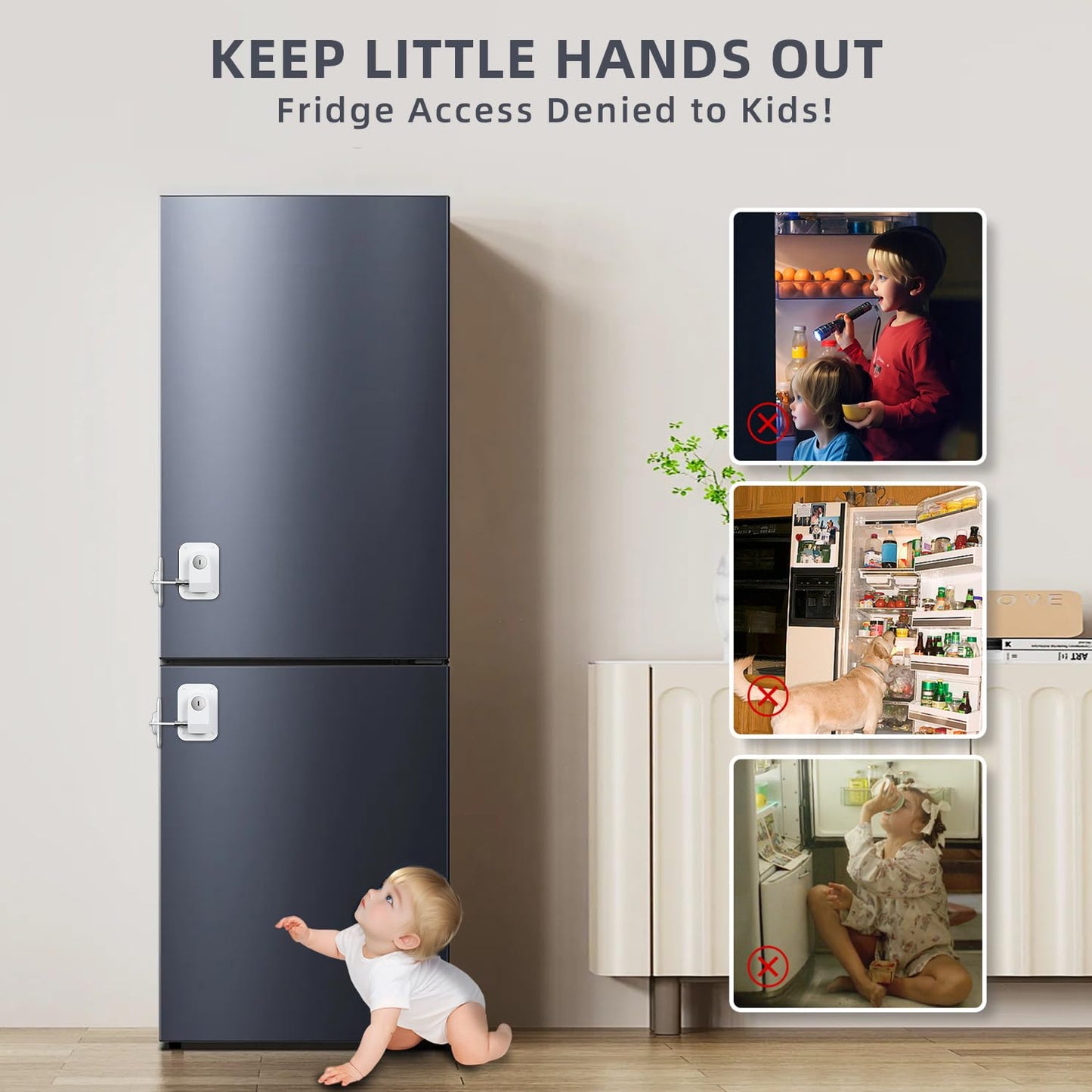 Refrigerator Lock 2 Packs, Fridge Lock with Silicone Wire Protection Fridge Locks for Kids Easy to Use and Install Cabinet Locks with Key, White