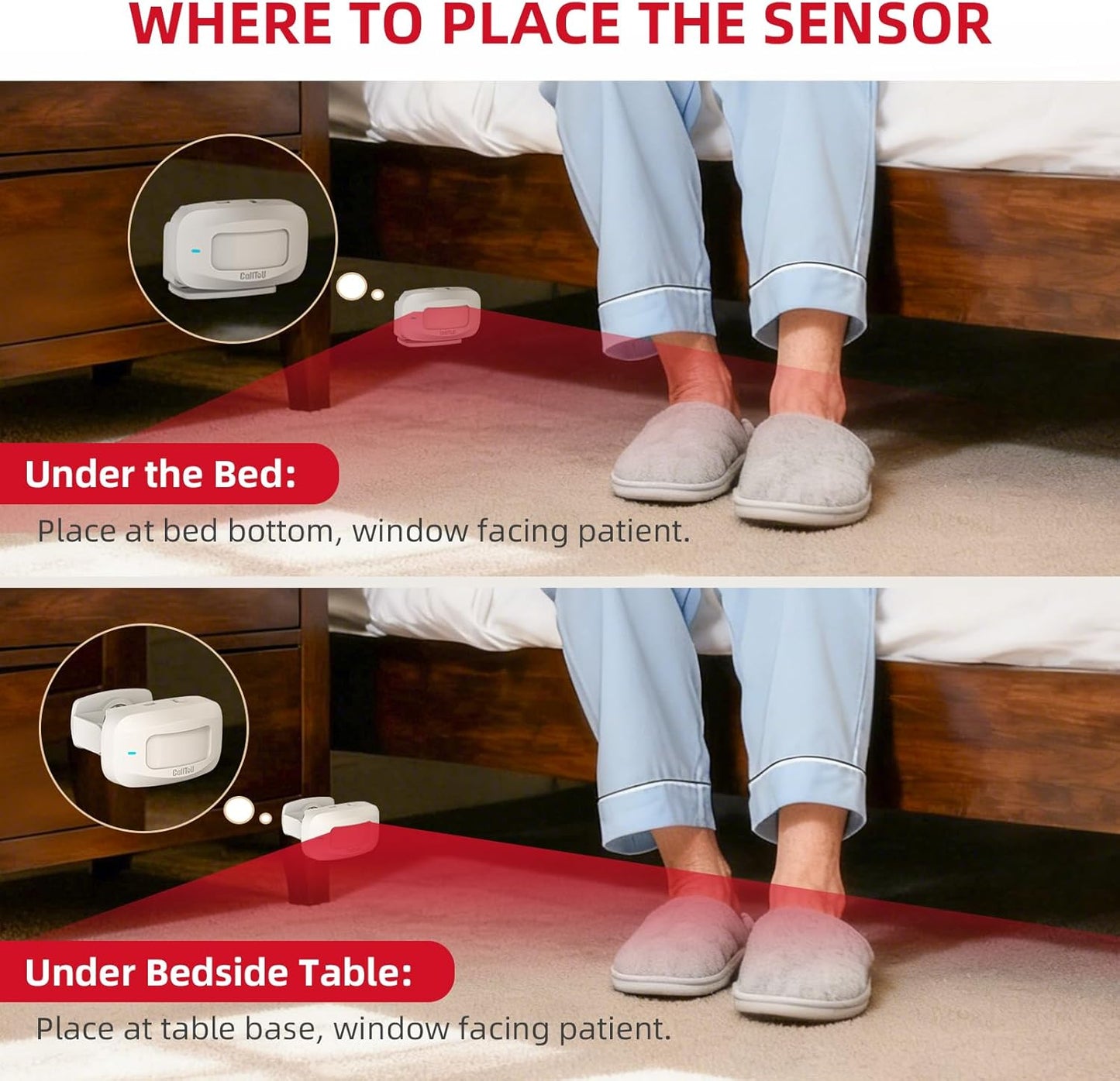 CallToU Bed Alarms for Elderly/Dementia Patients who Wander, Portable Pager & Sensor with Vibration and Silent Alert Features, Fall Prevention Alert for Home Hospital Care, Room Monitor.