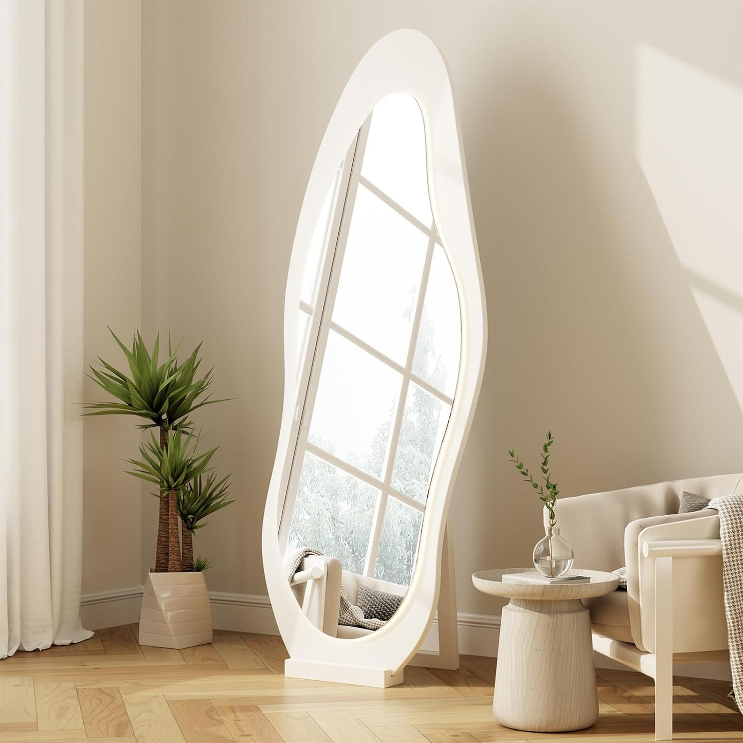 WoodsWhisper 69"X 24" Soild Wood Mirror Full Length,Wavy Wall Mirror,Lights Irregular Led Full Length MirrorShatter-Proof Hanging or Leaning Against Wall for Cloakroom/Bedroom/Living Room(White)