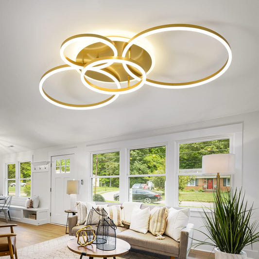 Modern LED Ceiling Light 90W Dimmable Ceiling Light Fixture with Remote Control 5 Rings Flush Mount Ceiling Light Gold Acrylic Chandelier LED for Living Room Bedroom Kitchen Light fixtures(4+1G01)