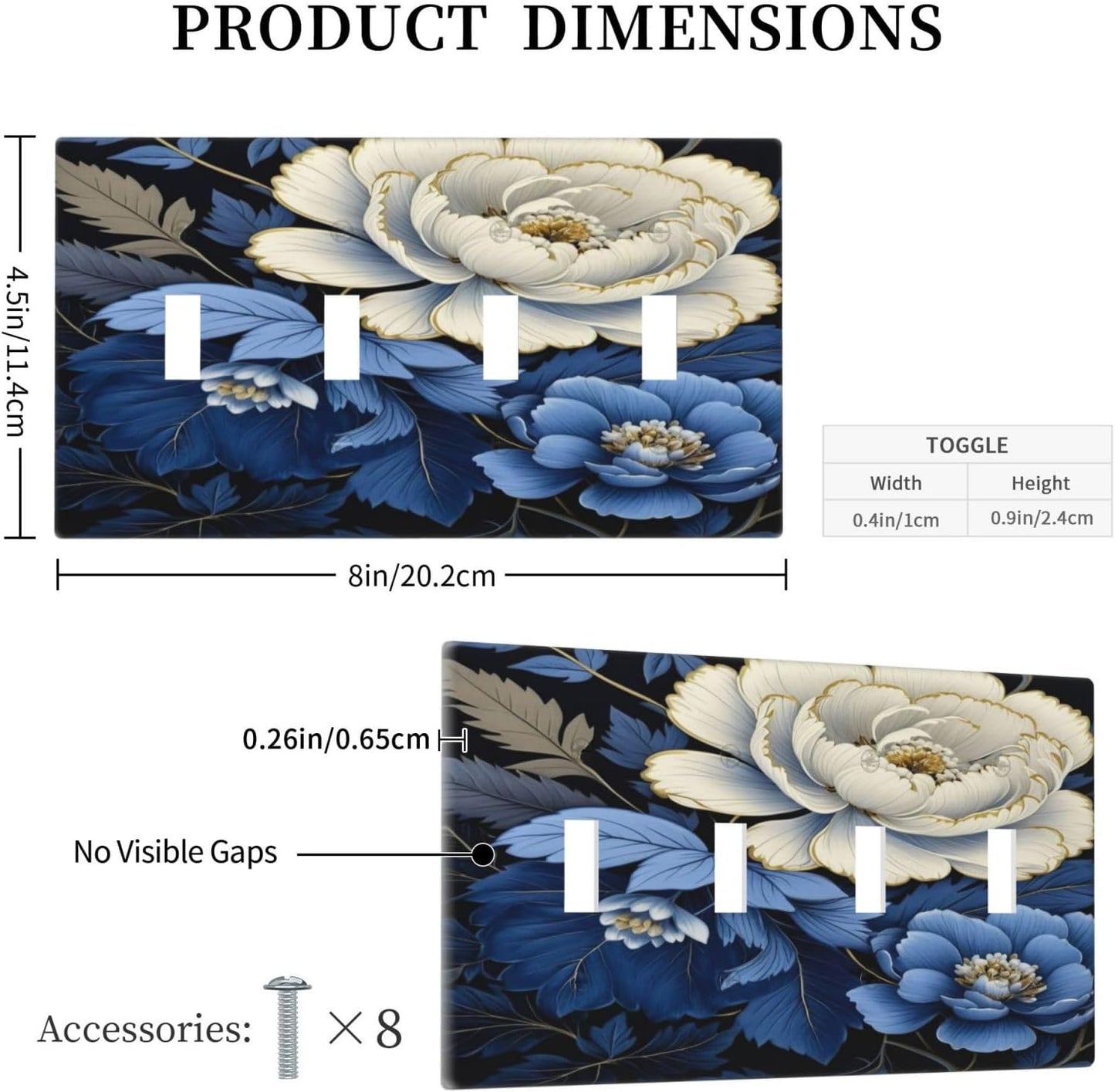 Blue White Flowers Light Switch Covers Quad Toggle 4 Gang Wall Plate Decorative Switchplate Electrical Faceplate for Farmhouse Bathroom Living Decor
