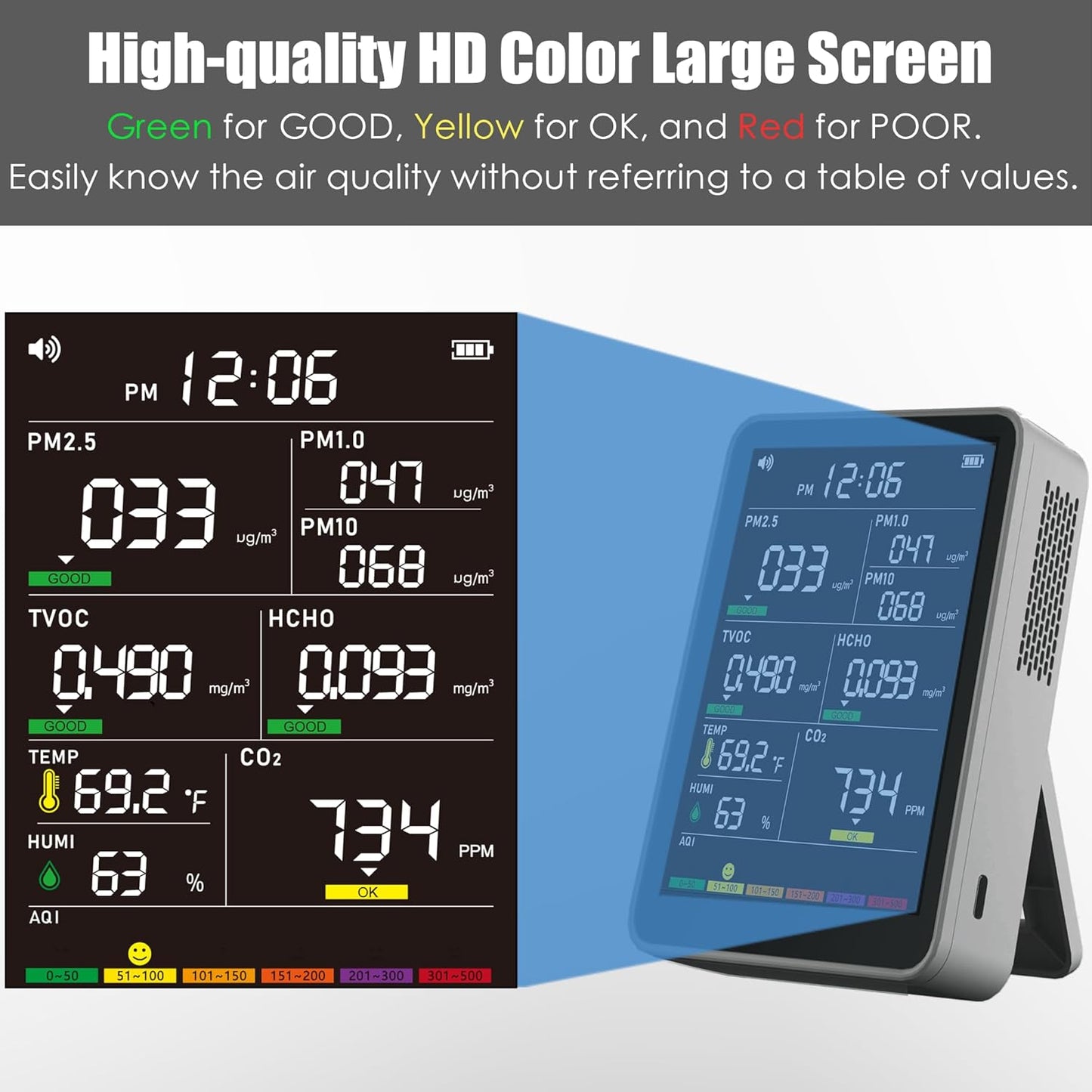 Professional Indoor Air Quality Monitor with AQI, Portable Real-Time Detector for Home Cars Plants and Pets (Gray)