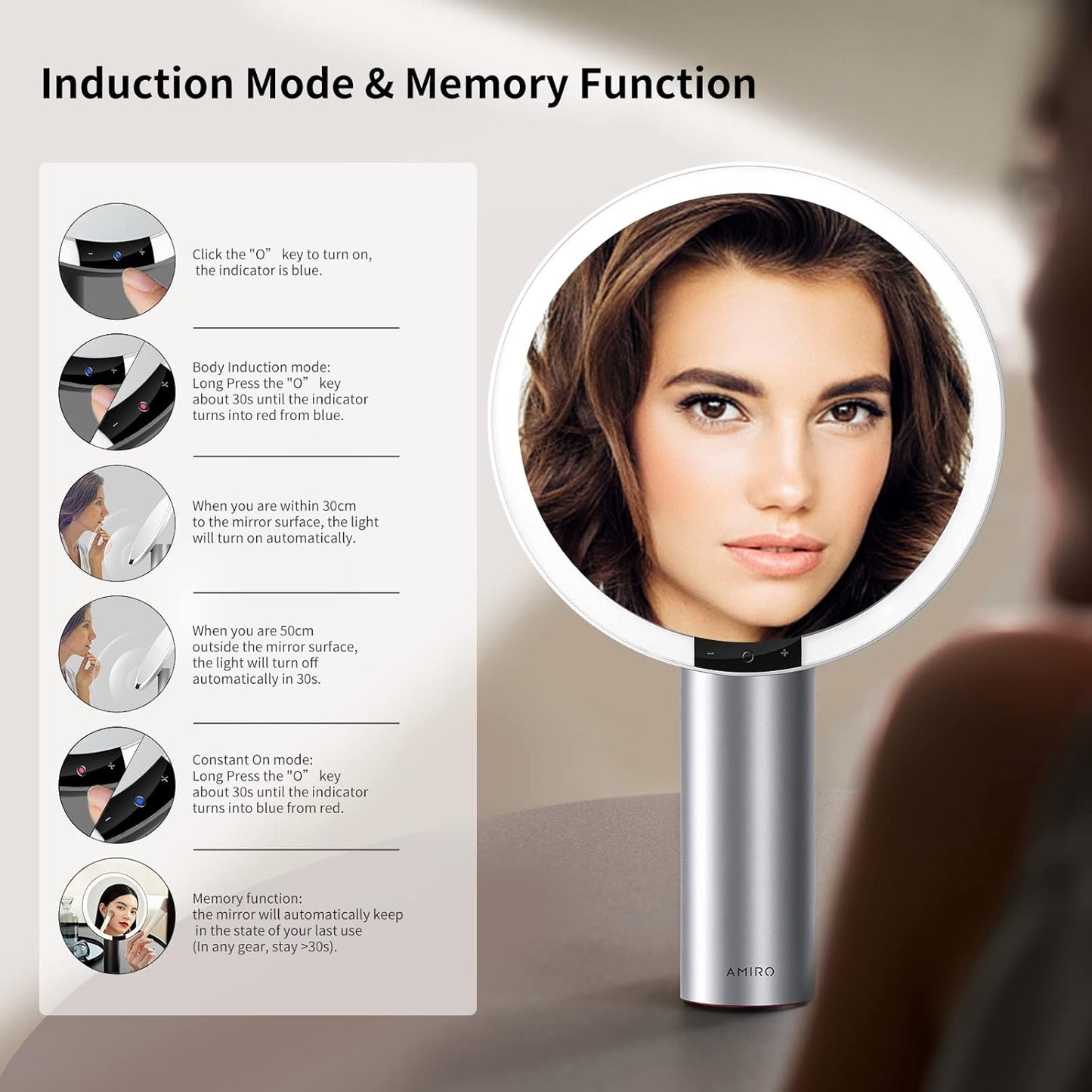 AMIRO 9" Lighted Makeup Mirror with Smart Sensor & Touch-Control, 3 Colors & 6 Brightness, Rechargeable & Cordless, Memory Function, Free Rotation, Gift for Woman - White