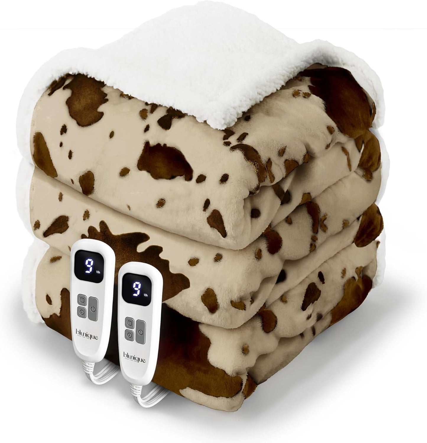 Cow Print Electric Heated Blanket Queen-Dual Control Heating Blanket Queen Size with 10 Heat Levels & 10 Hours Auto-Off, Cozy Soft Fleece Sherpa, Washable, 84x90 Inche Cow Print Apricot