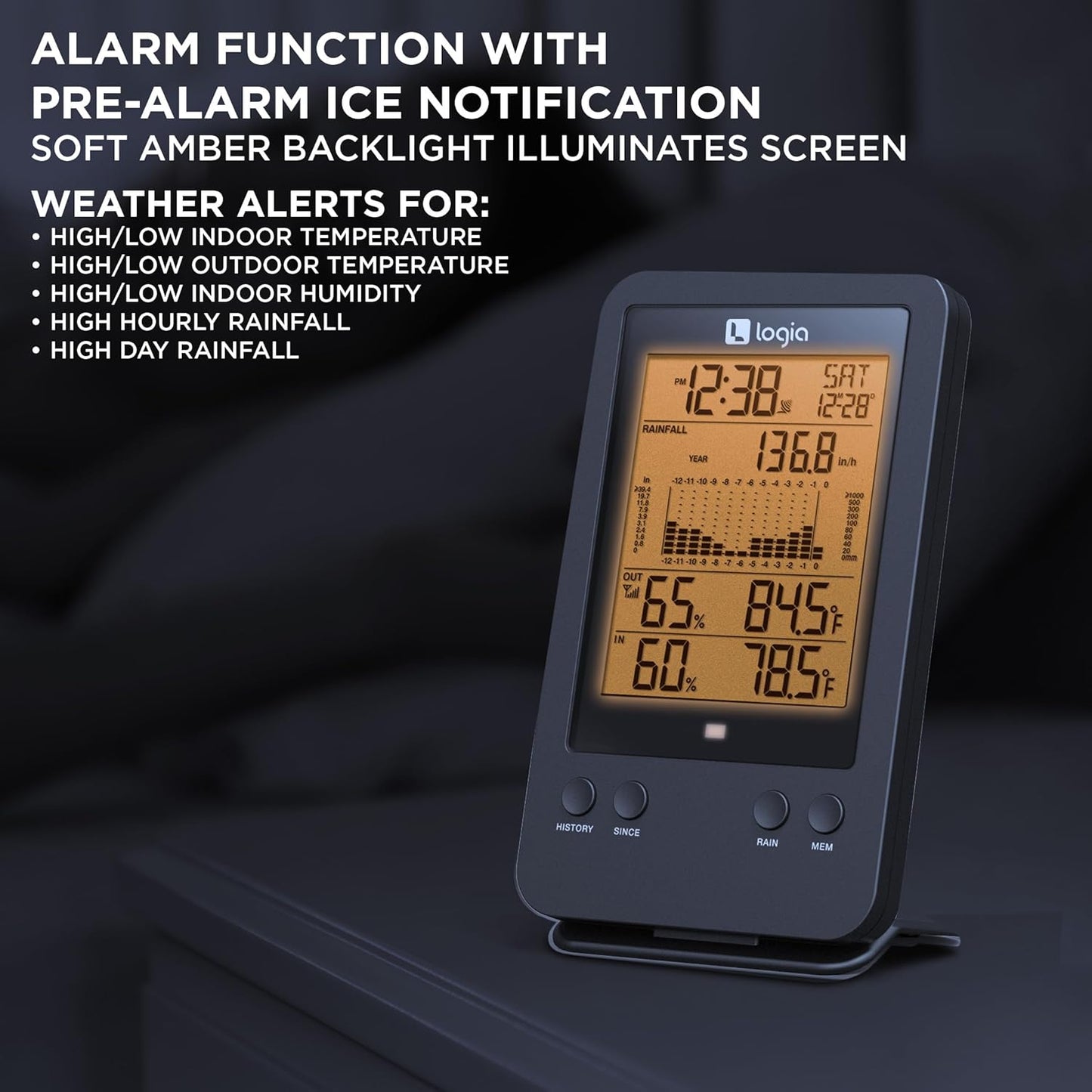 Logia 3-in-1 Rain Gauge Weather Station with Temperature & Humidity, Indoor/Outdoor Weather Monitoring System, Wireless Display Console with History, Alarms and Alerts