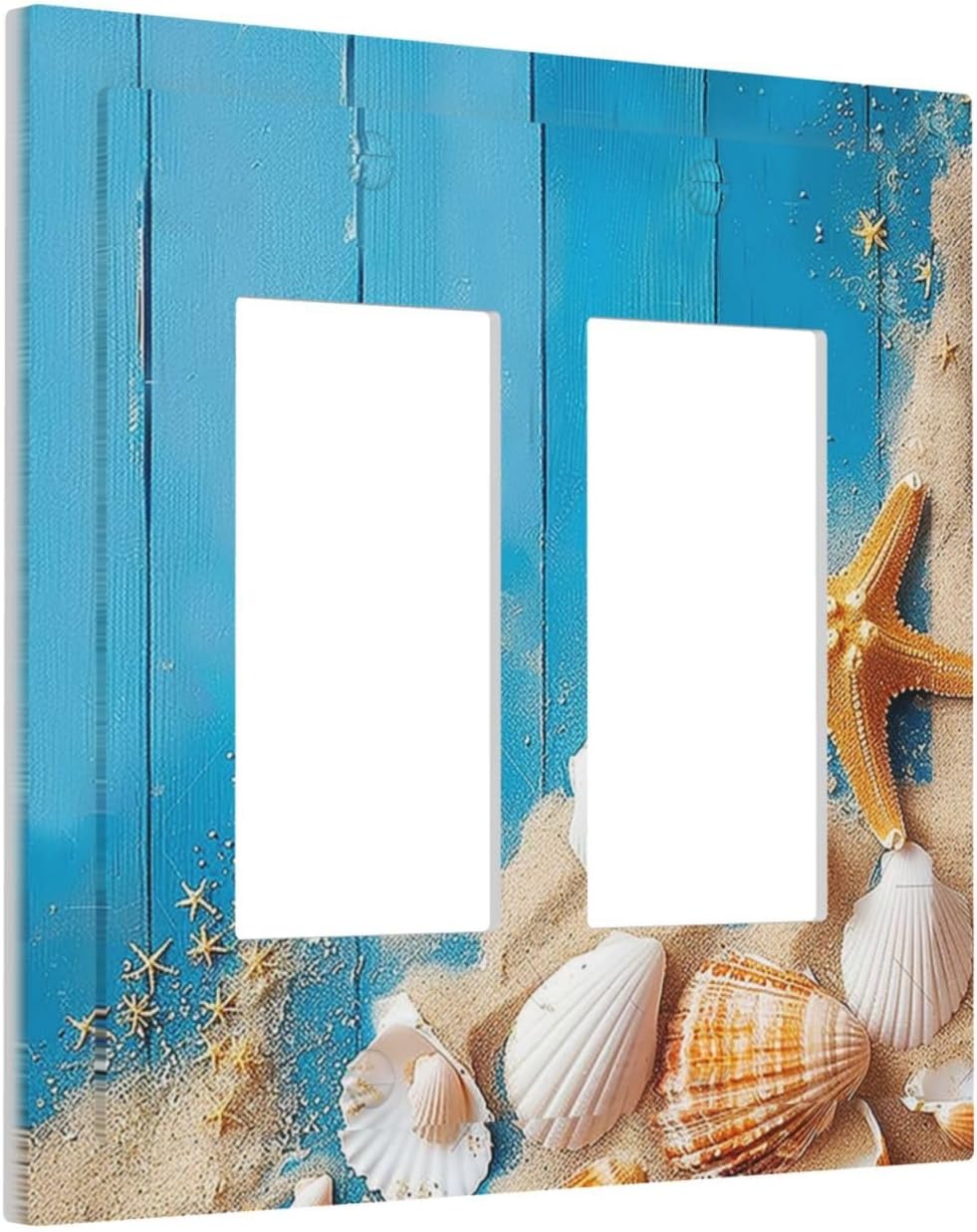 Decorative Outlet Covers Blue Wood Grain Beach Shell Starfish 2 Gang Double GFCI Rocker Electrical Wall Panels Light Switch Cover Plate for Bathroom Farmhouse Decor