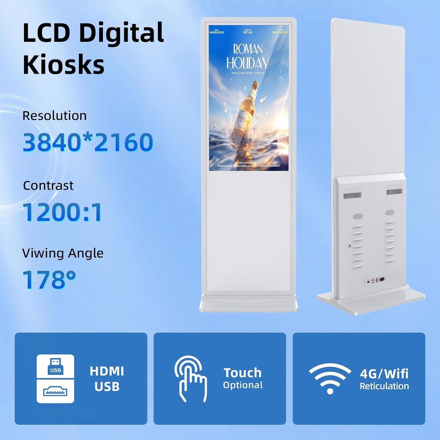 JIYANG 55 Inch 4K Digital Signage Display,Indoor Floor Standing Touchscreen Advertising Display Kiosk Android System,Commercial LCD Totem Support HDMI-in,Store Displays Screens and CMS System(White)