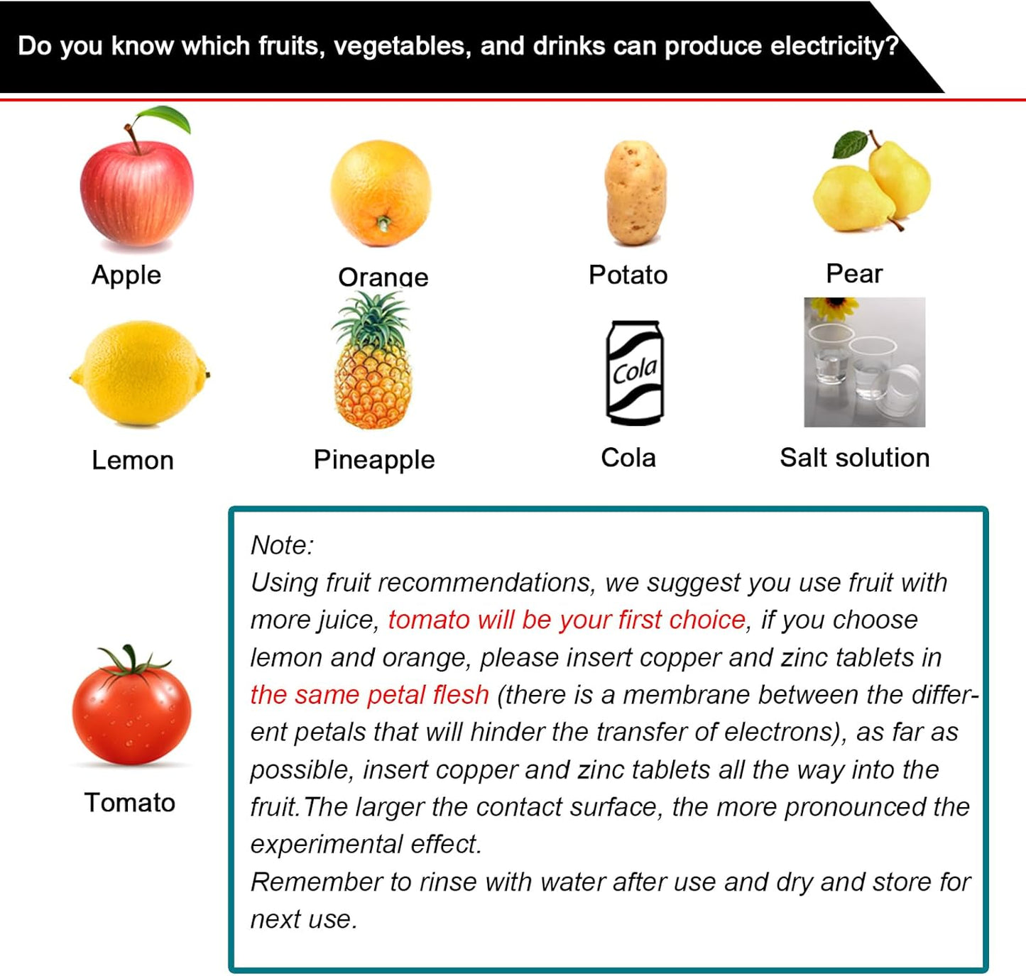EUDAX Fruit Battery Science Experiment Kit for DIY School Home Teaching Equipment, Orange Lemon Potato Electronic Clock Science Project Kit Physics Educational for Students Teachers (8 Set)