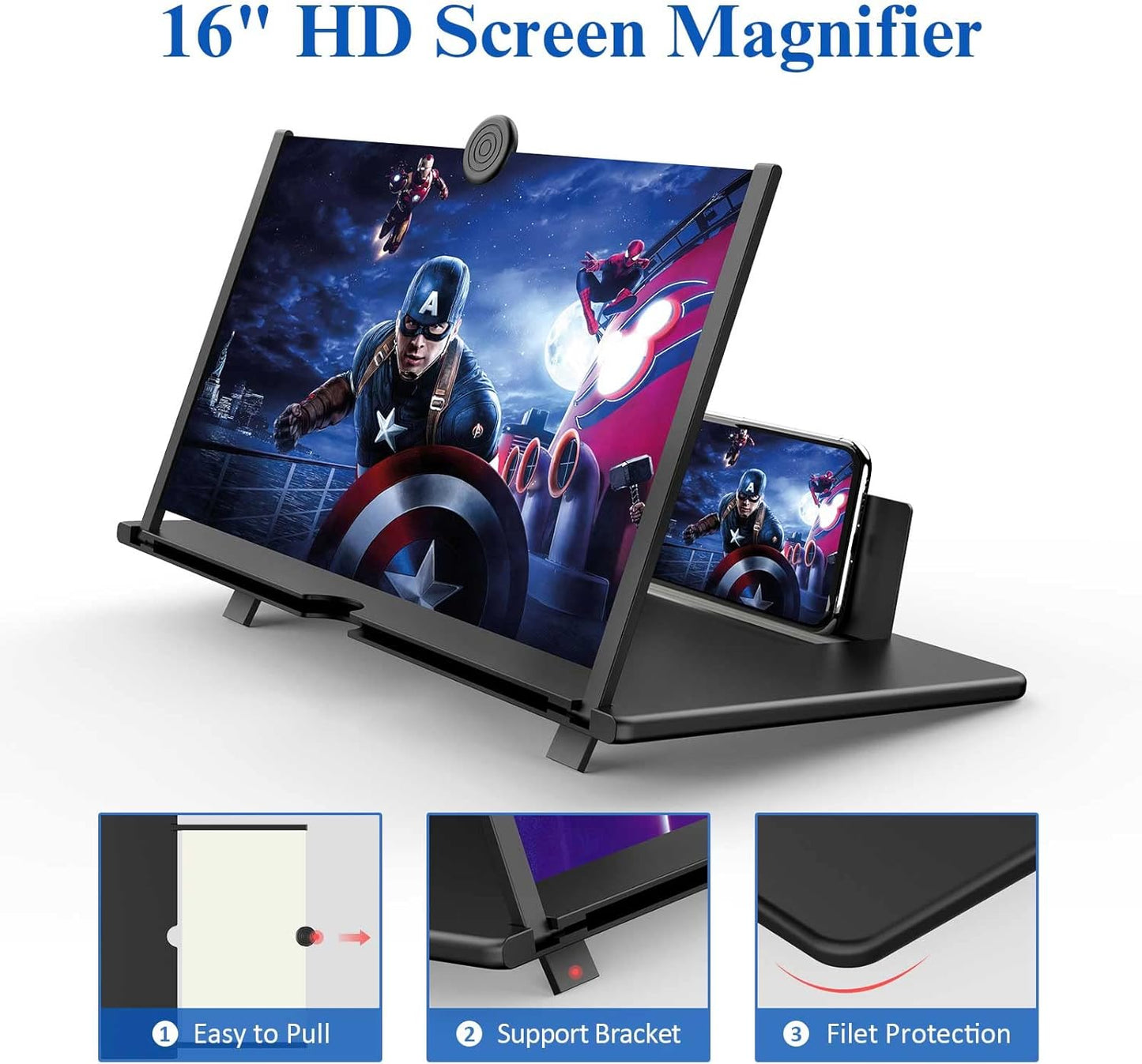 16" Screen Magnifier for Cell Phone,Fanlory 3D HD Magnifying Projector Screen Enlarger for Movies, Videos and Gaming, Foldable Phone Stand with Screen Amplifier,Compatible with All Smartphones