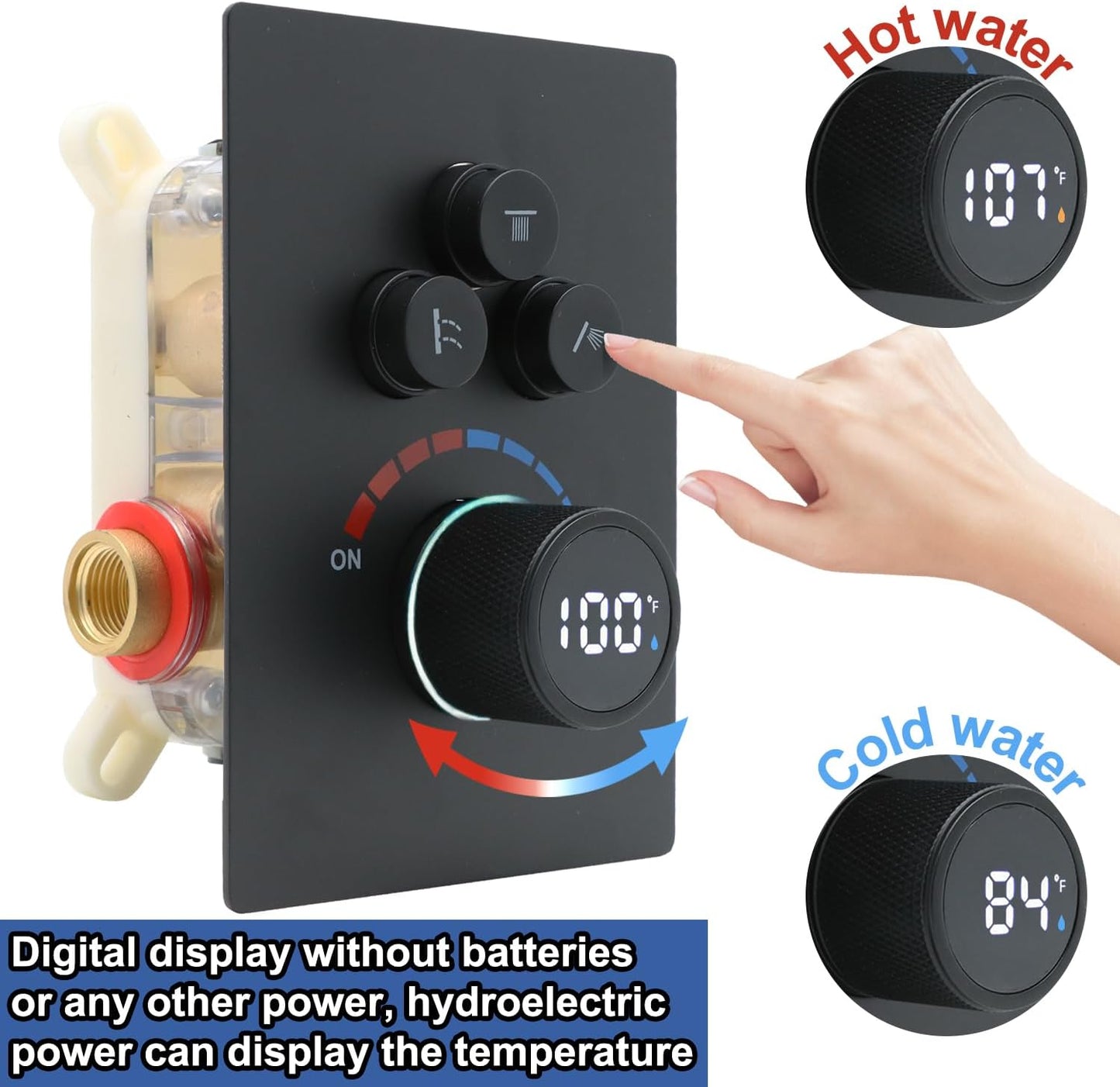 Solid Brass Shower Mixer Valve, Concealed 3 Way Outlet LED Digital Display Diverter Valve, Can Use All Options at A Time Black