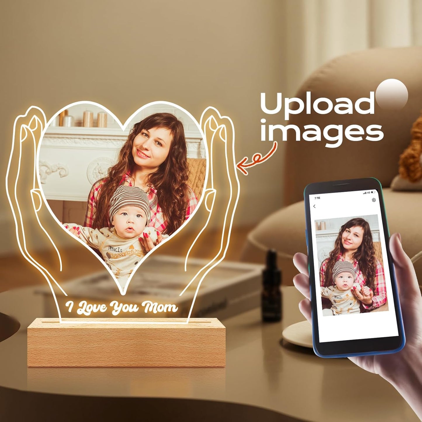 Custom Picture Frames with Photo, Customized Picture Frame with Night Light, Custom Photo Frame, Personalized Valentines Day Gifts for Mom Baby Kid Family