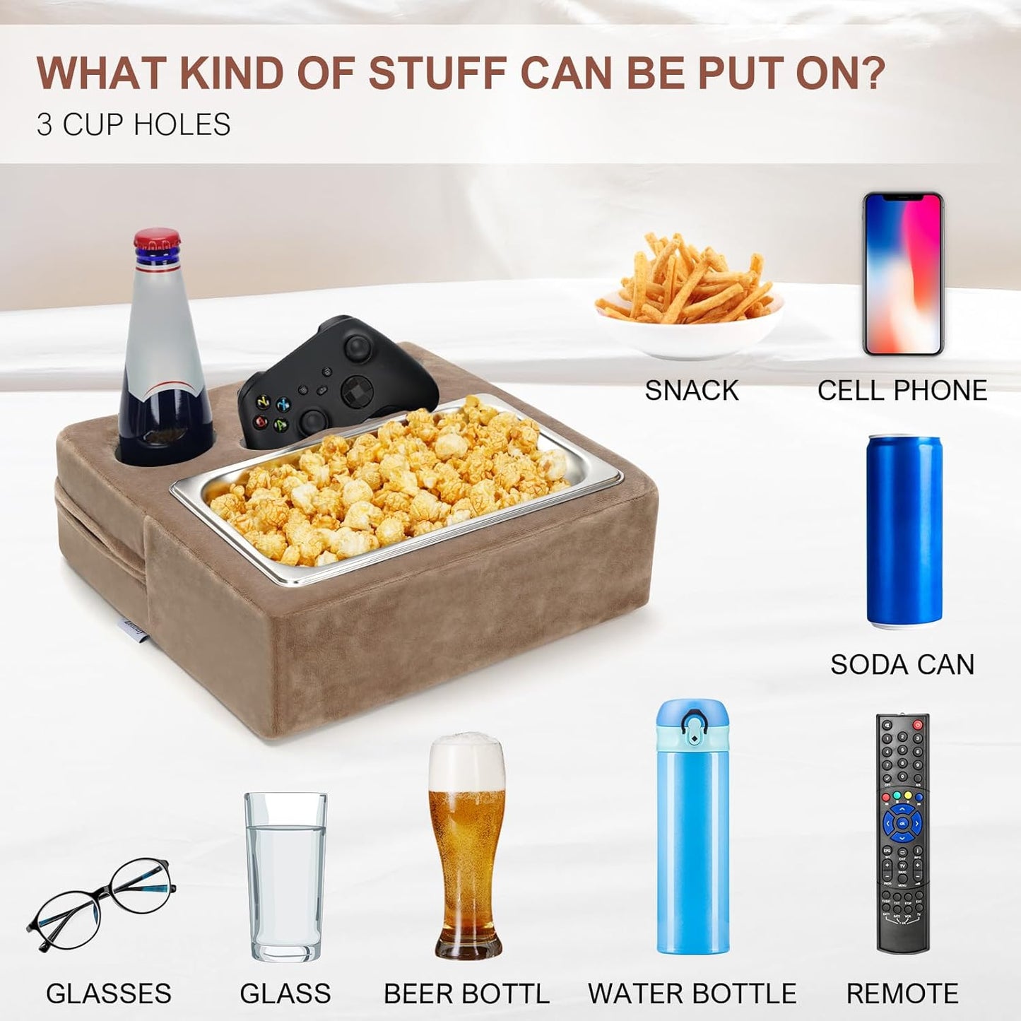 Couch Cup Holder, Couch Caddy, Couch Drink Holder, Bed Cup Tray, Sofa Cup Holder Remotes Holder for Cups, Headphones, Snacks and Phones, Use it on Car, Pack, Beach, RV, and More(Lightbrown)
