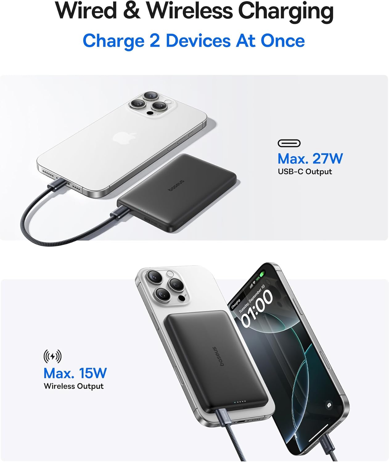Baseus Picogo Magsafe Portable Charger, Qi2 Certified 0.5" Ultra Slim 15W Wireless Power Bank, 10000mAh 27W Fast Charging Magnetic Battery Pack with USB-C for iPhone 17/16/15/14/13/12 Series Only