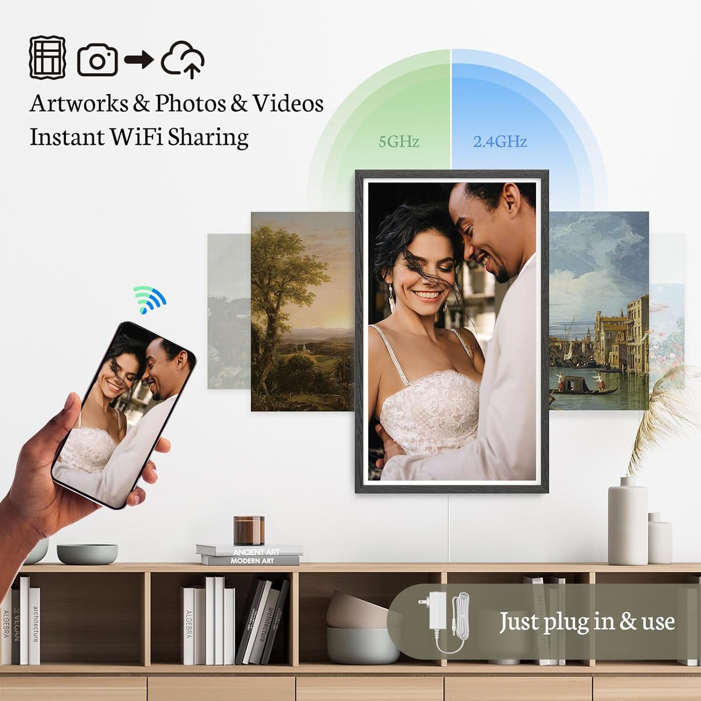 BSIMB 32 Inch Large Digital Picture Frame, Touchscreen 64GB 1920x1080 FHD WiFi Photo Frame Electronic Display Remote Control, Share Pictures/Videos via App/USB/SD Easy Setup Gifts for Mom, Black Wood