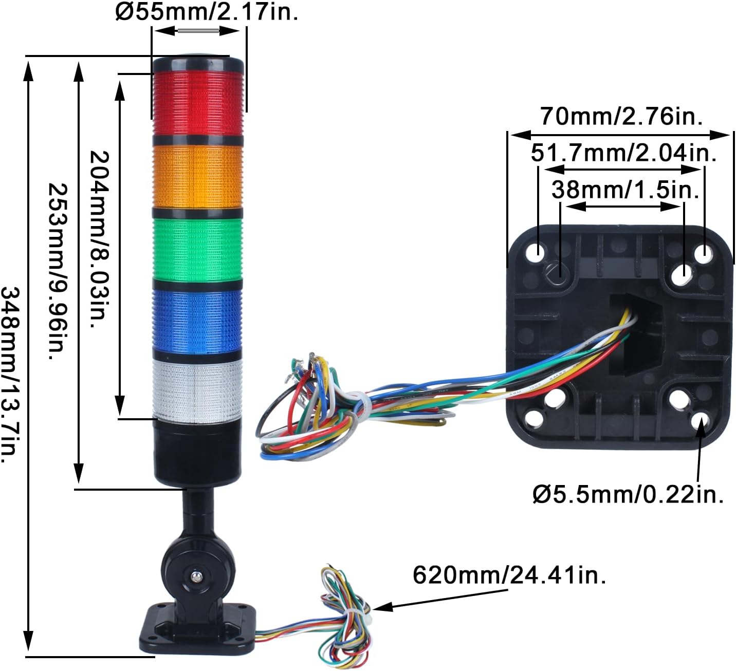 Led Signal Tower Stack Lights, Industrial Signal Warning Lights, Column Tower Lamp with Rotatable Base, Steady/Flashing Switchable,12V 24V DC(5-Layer, no Buzzer) Black