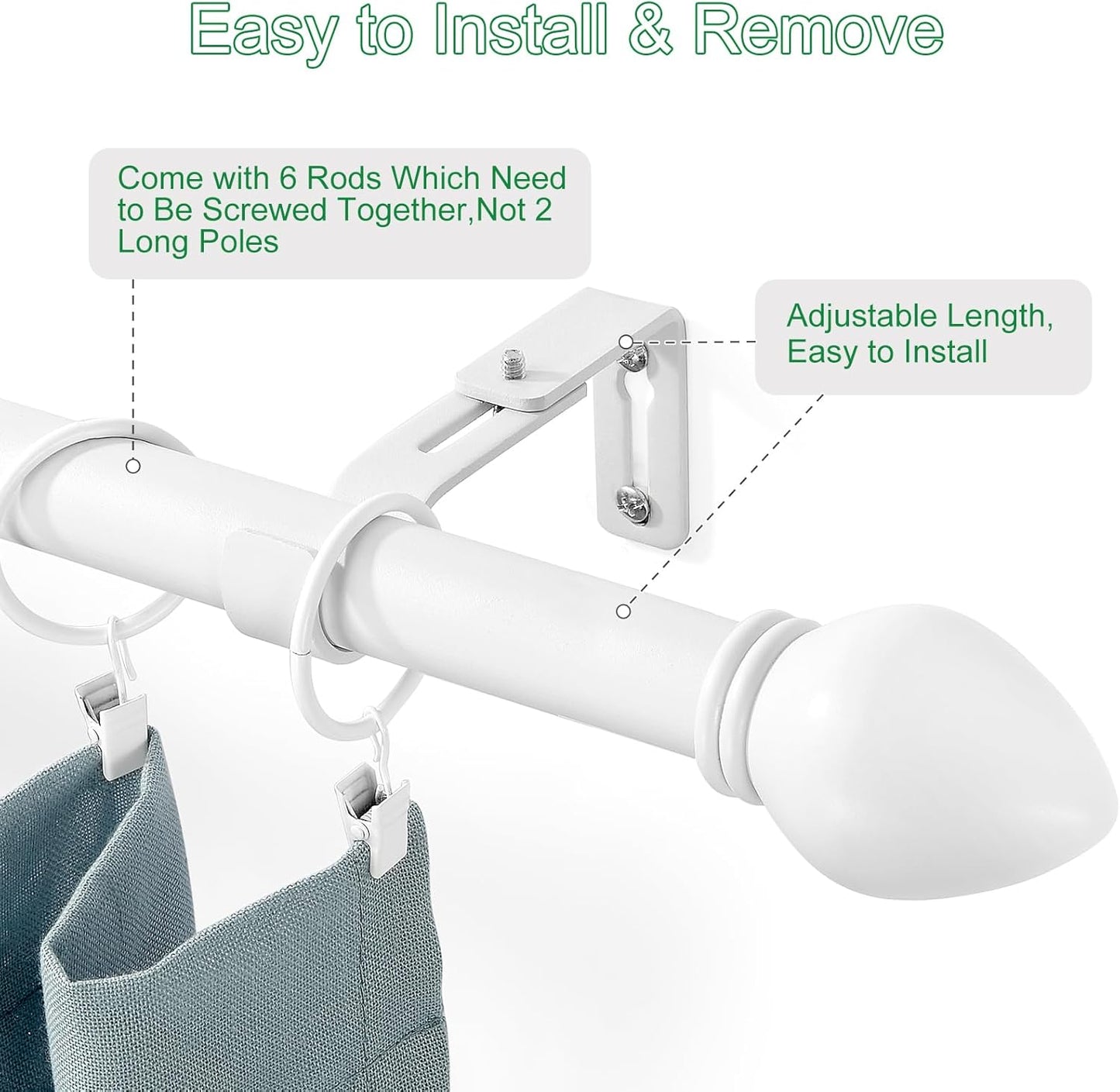 Curtain Rods for Windows 16 to 92 inches, Curtain Rod Max Adjustable Length to 104 in, Drapery Rod 1 inch Diameter with Modern Knobs Finials (White, 16" to 92" - Set of 1)