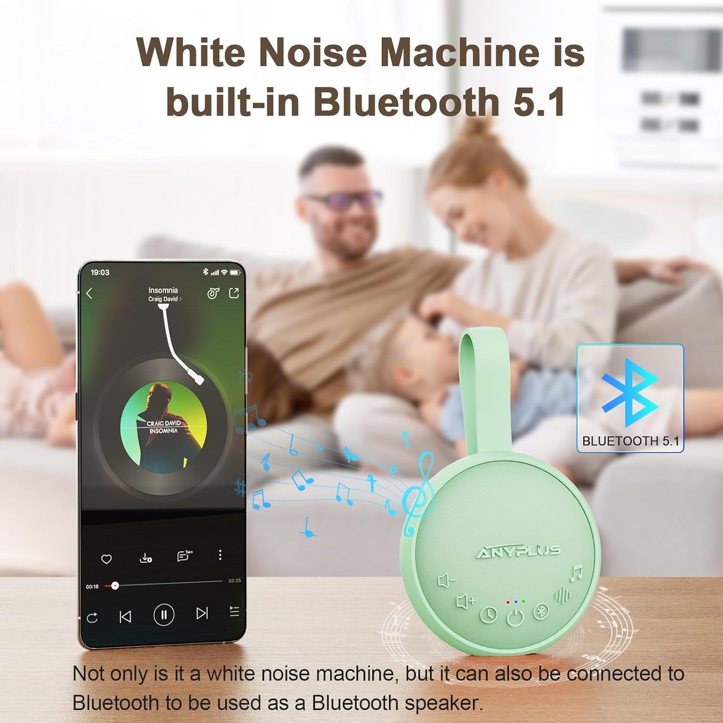 White Noise Sound Machine for Sleeping Adults & Baby, Portable Noise Machine with 24 Soothing Sounds, Bluetooth 5.1, Battery Powered, 3 Timer Settings, Memory Function for Home, Office, Travel (Green)