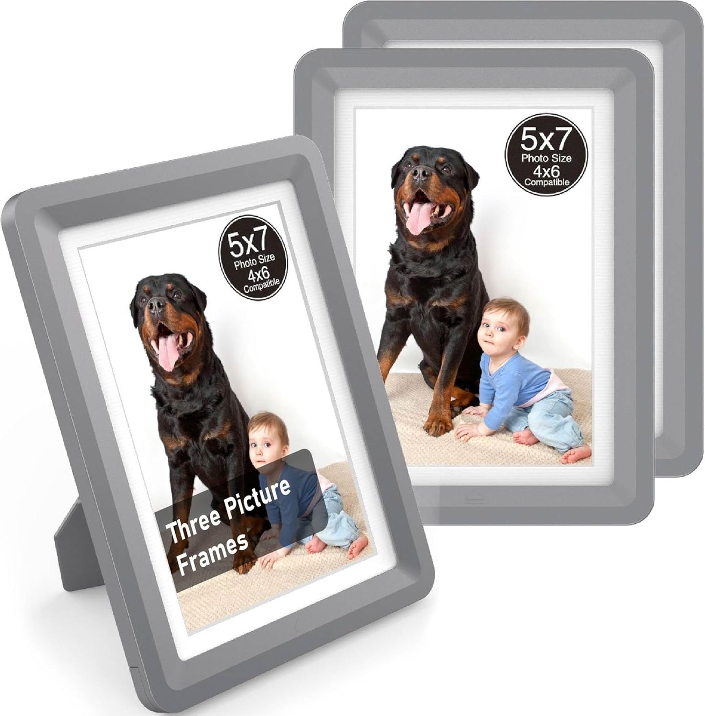 Dark Gray 5x7 Picture Frame with Acrylic Front 3 Pack, ABS Frame for 5x7 or 4x8 Photos, Shatterproof UV-Resistant Tabletop Photo Frame, Vertical/Horizontal Display for Home Décor