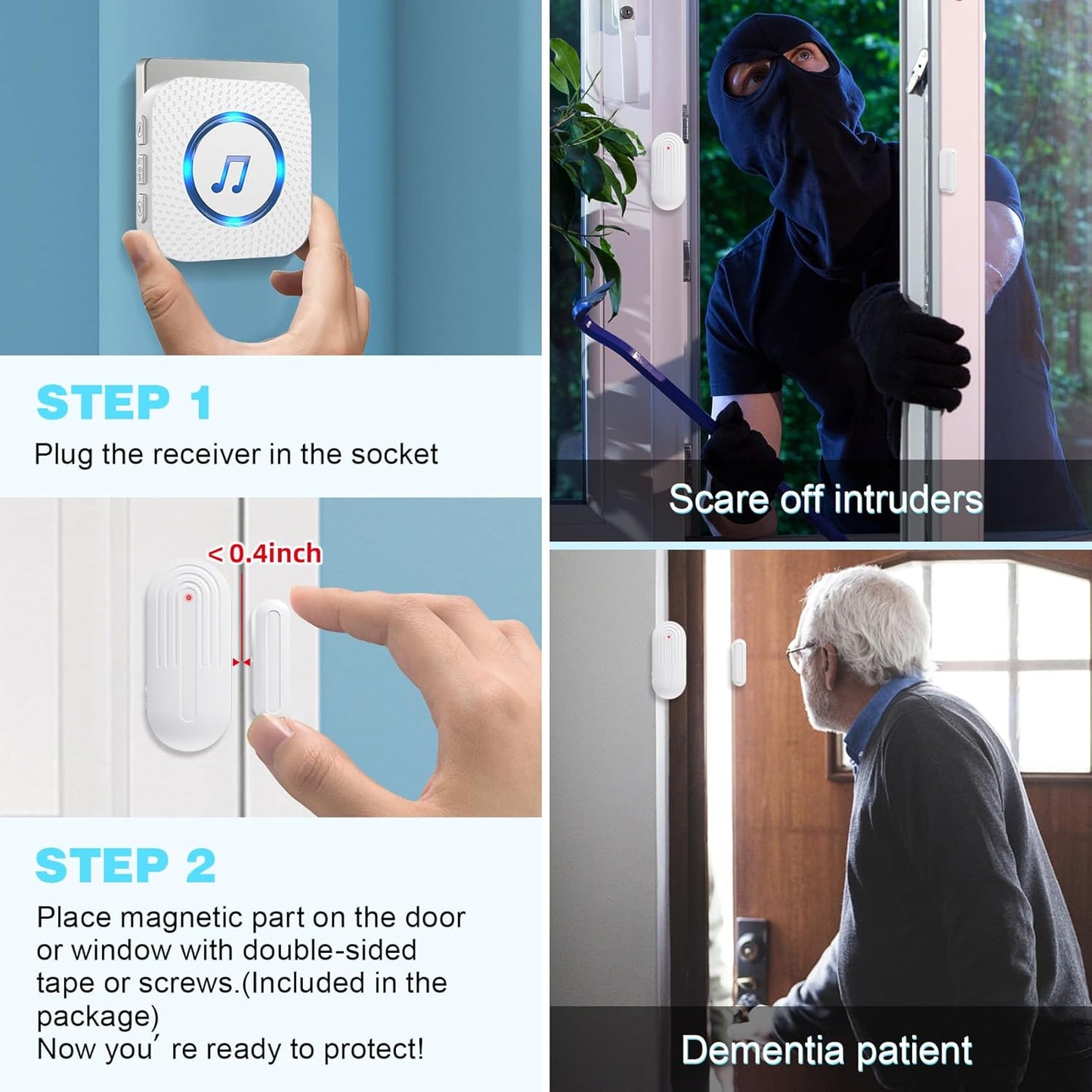 SanJie Door Chime, Door Open Contact Sensor Alarm with 500 FT Range,26 Chimes 5 Adjustable Volume for Business/Store/Home/Office When Entering 2 Receivers +1 Sensors