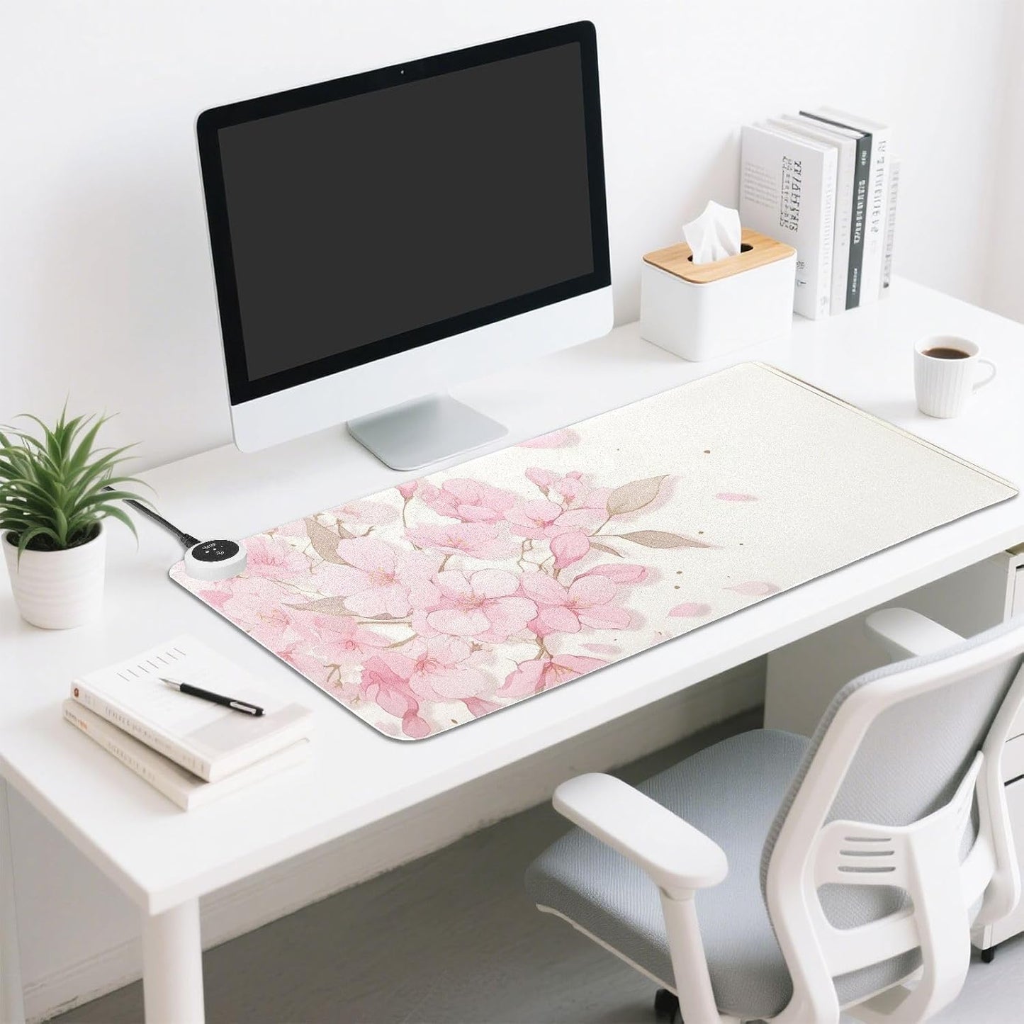Large Heated Mouse Pad,Leather Desk Mat,31.5"x13",Hand Warmer Pads for Desk,Sakura（Pink White）