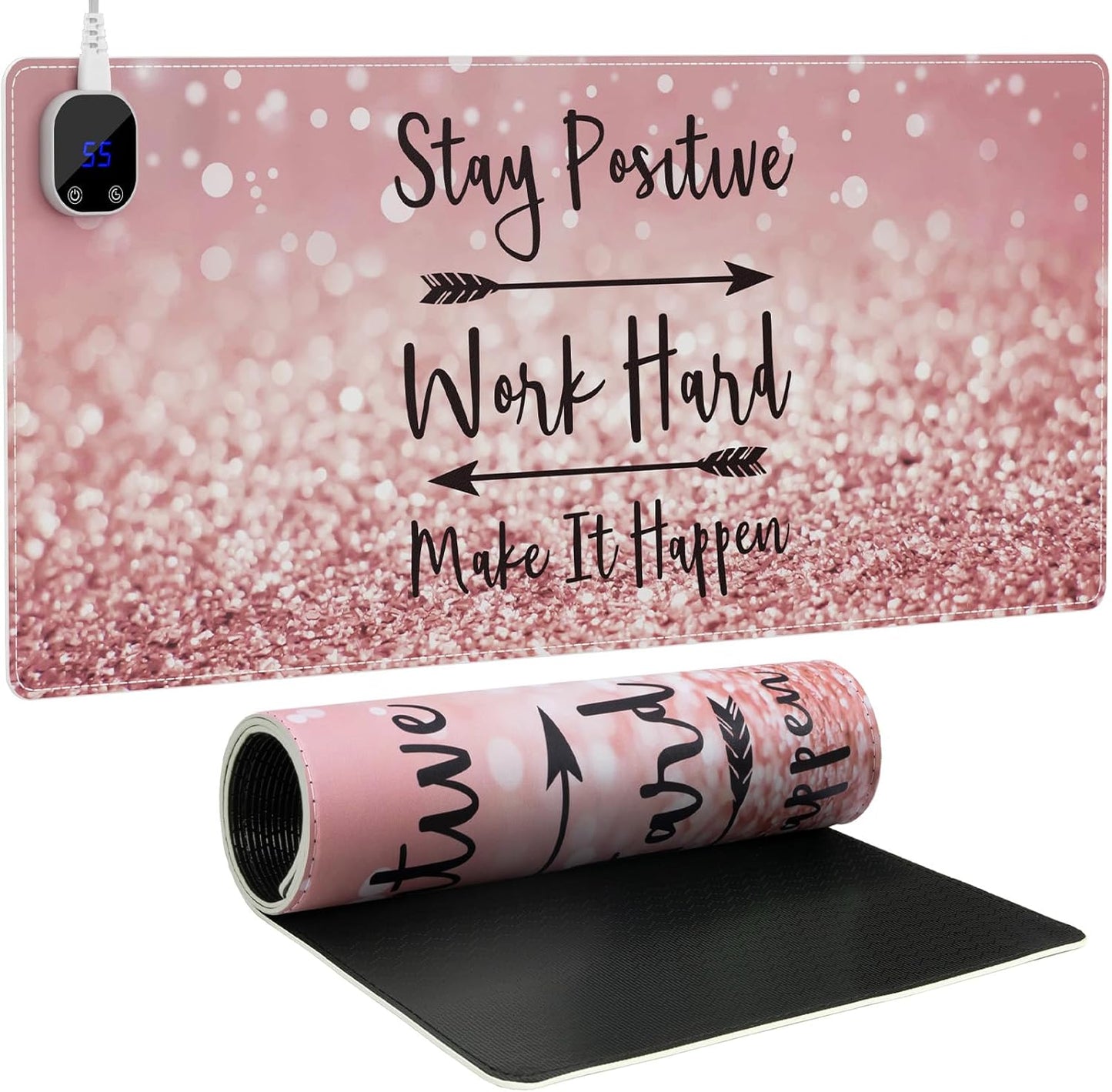 iCasso Heated Mouse Pad, Pink Mouse Pad, XL Aesthetic Heated Desk Pad with 4 Heating Levels for Computer Keyboard, 31.5" x 13" Large Mousepad for Home Office Work (Pink Stay Positive)