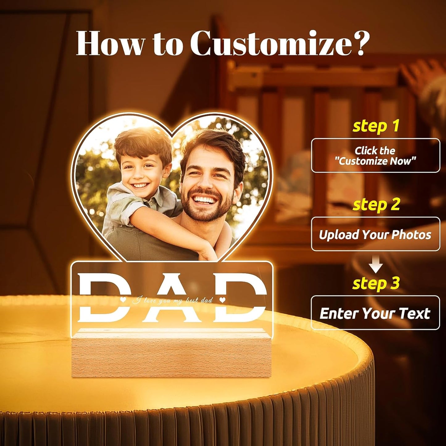 Personalized Gifts for Dad from Daughter Son, Custom Picture Frames with Photo, Customized Photo Frame with Night Light, Personalized Birthday Gifts for Dad Baby Kid Family