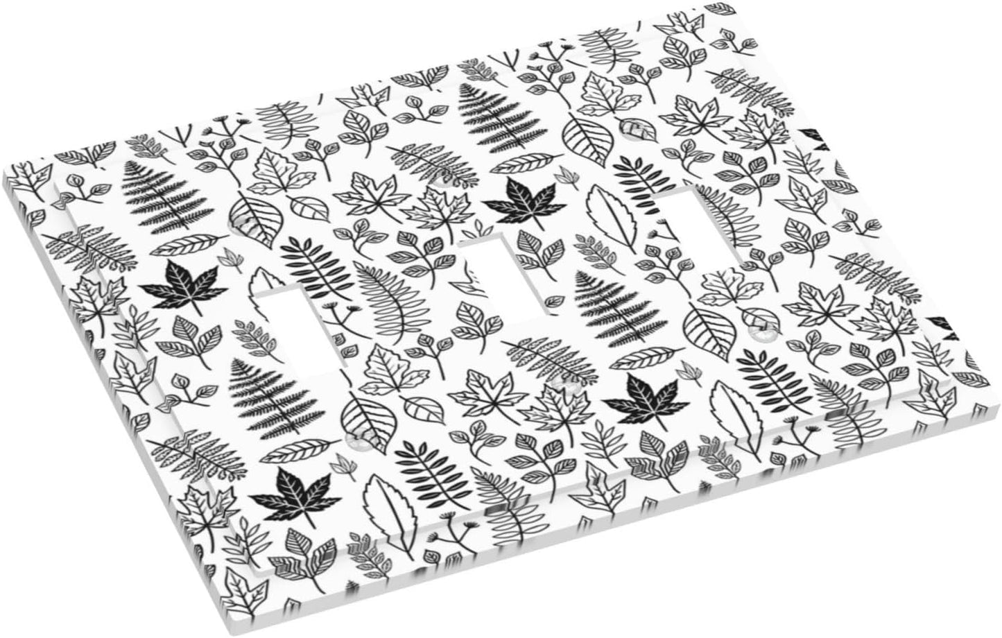 Black White Leaf Wheat Maple Leaf Plant Decorative Switch Plates 3 Gang Wall Plate Triple Toggle Light Switch Cover Electrical Wall Panels Faceplate for Bedroom Bathroom Decor