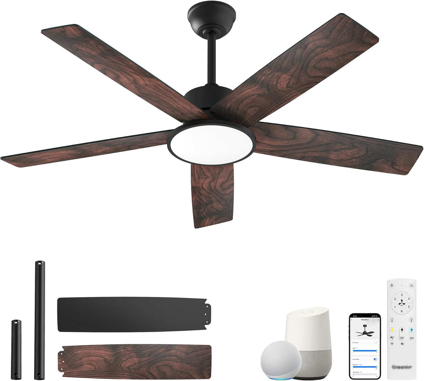 Ensenior 52 Inch Smart Ceiling Fans with Lights and Remote Control via Alexa Google Voice App, Reversible DC Motor 6 Speeds, 3000K-6000K Dimmable LED Black Bedroom Ceiling Fan with Lights - 5 Blades