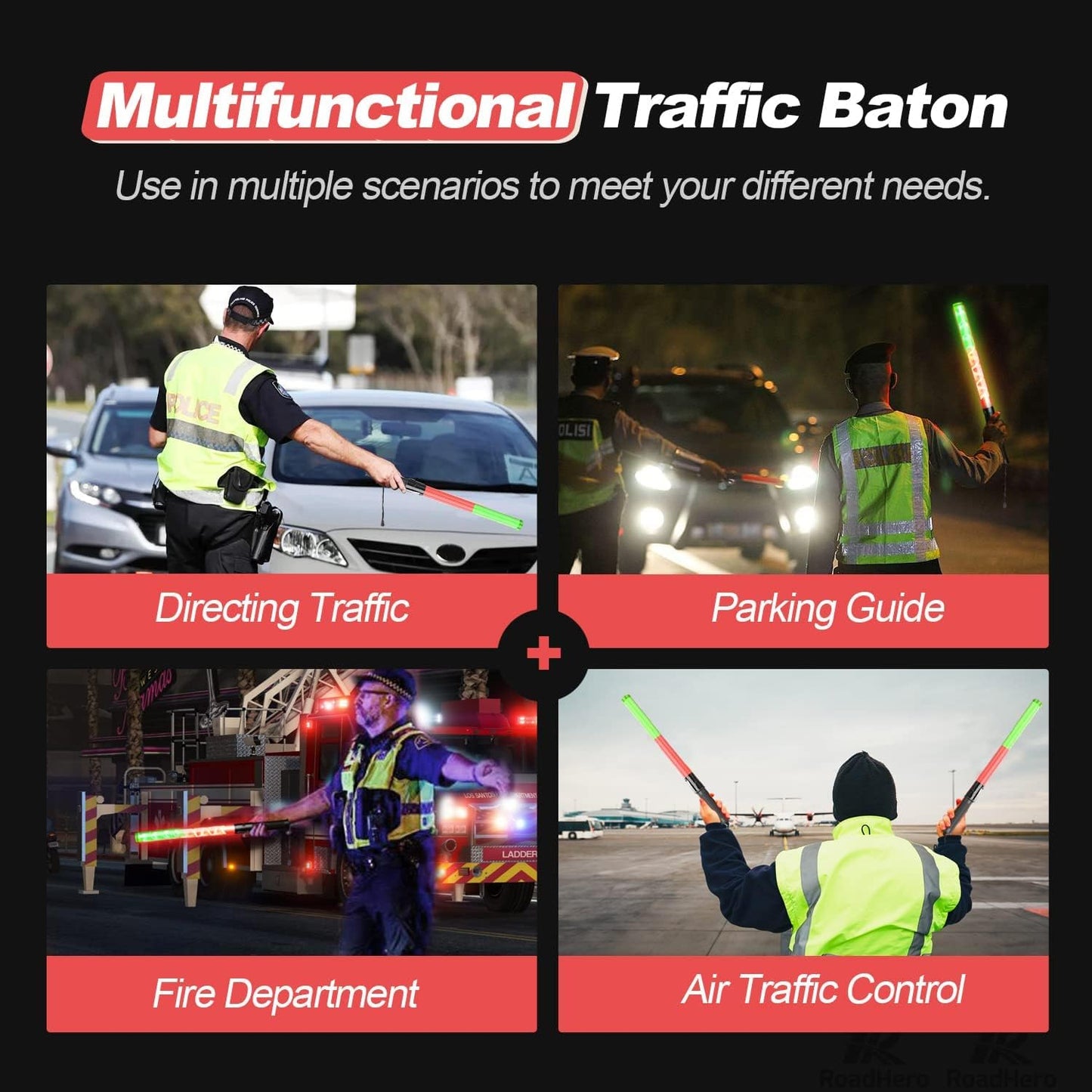 RoadHero 2 Pack 21 Inch Traffic Wands, Red and Green Led Traffic Control Baton, Safety Light Wand with 3 Flashing Modes, Air Marshaling Signal Wand with Side Clip for Airport, Parking, Car Directing
