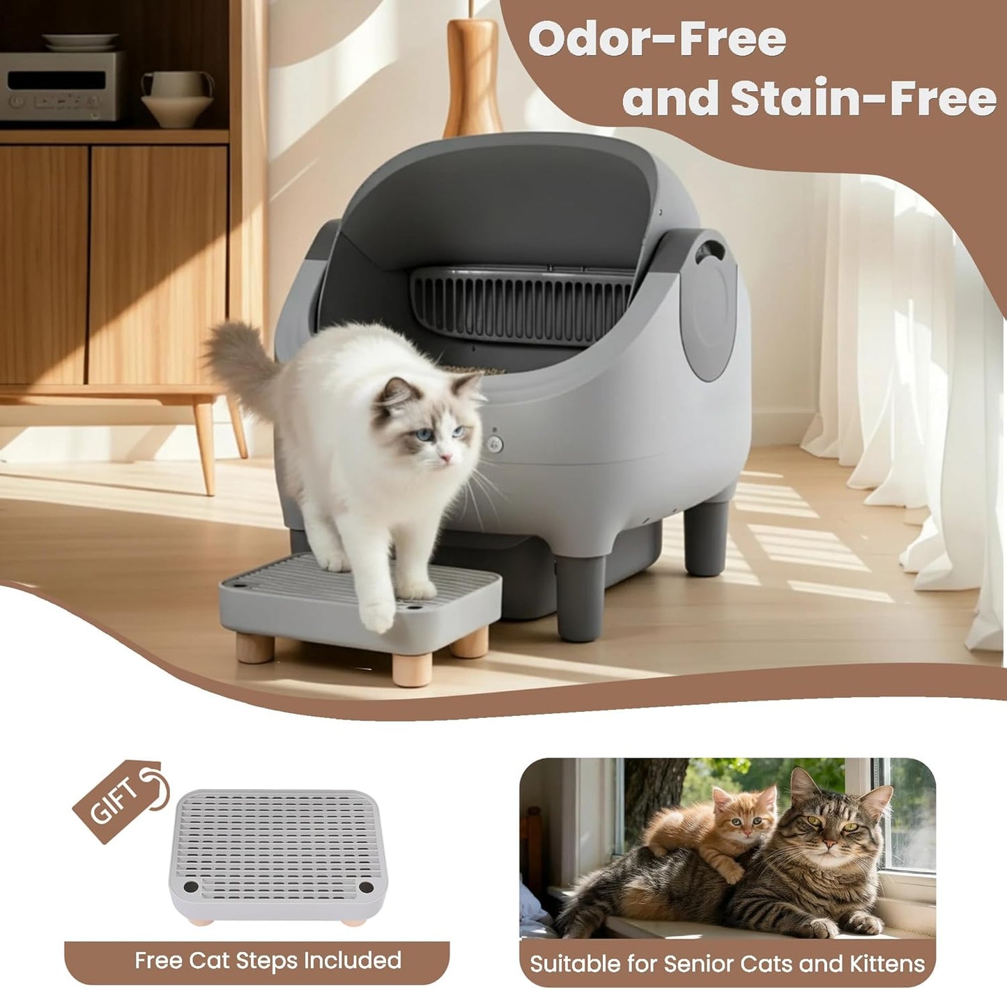 Self Cleaning Litter Box, App Control, Automatic Litter Box with Step, Odor-Free Includes Large Waste Bin and Trash Bags, Open Top Large Capacity for Multiple Cats, Quiet Operation, Safety Protection