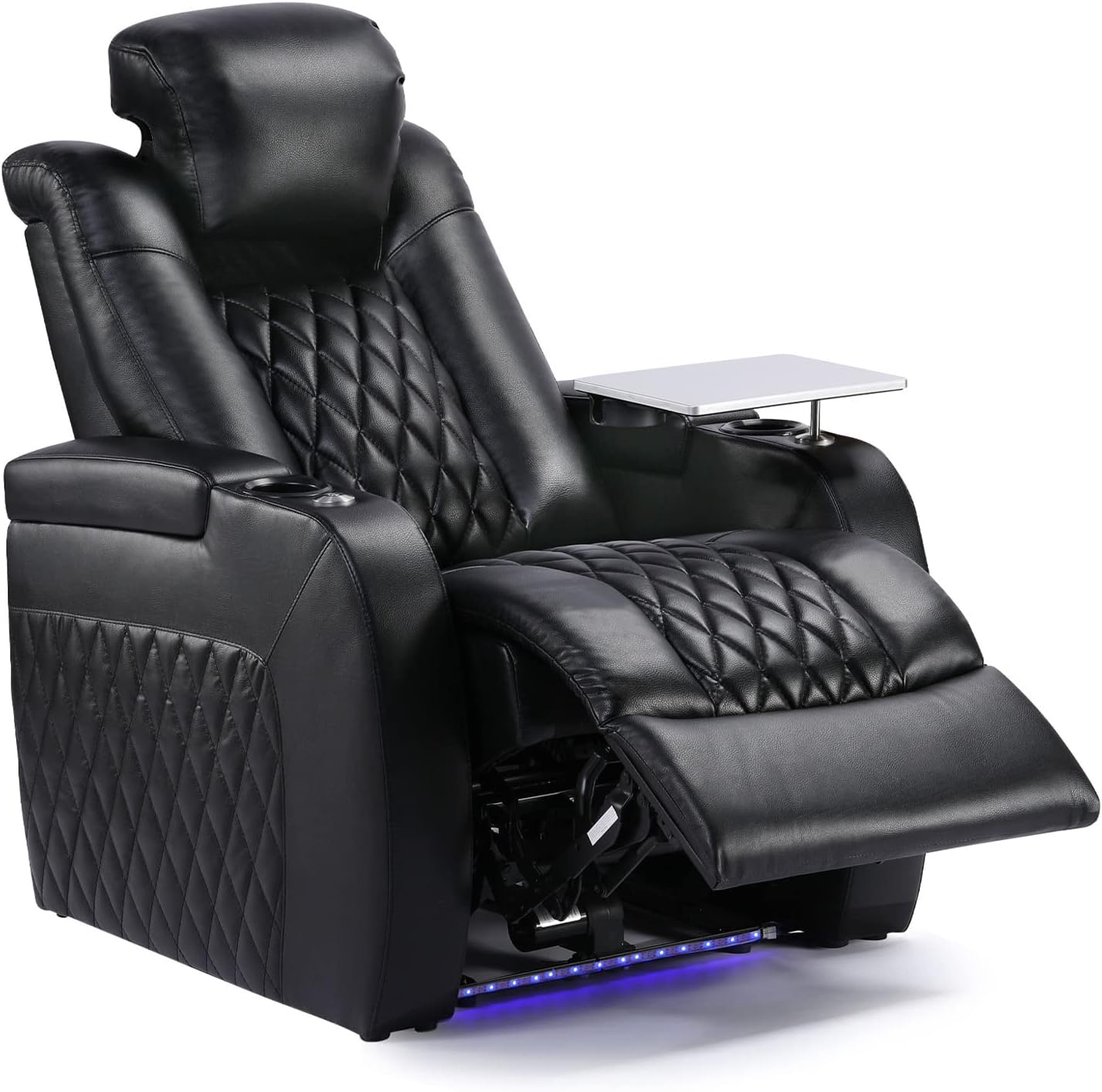 Weilianda Home Theater Seating Top Grain Leather Recliner Chair Power Headrest and Recline Movie Seats Gaming Sofa with Tray Table Type-C USB Charge Cup Holders Row of 1 Black