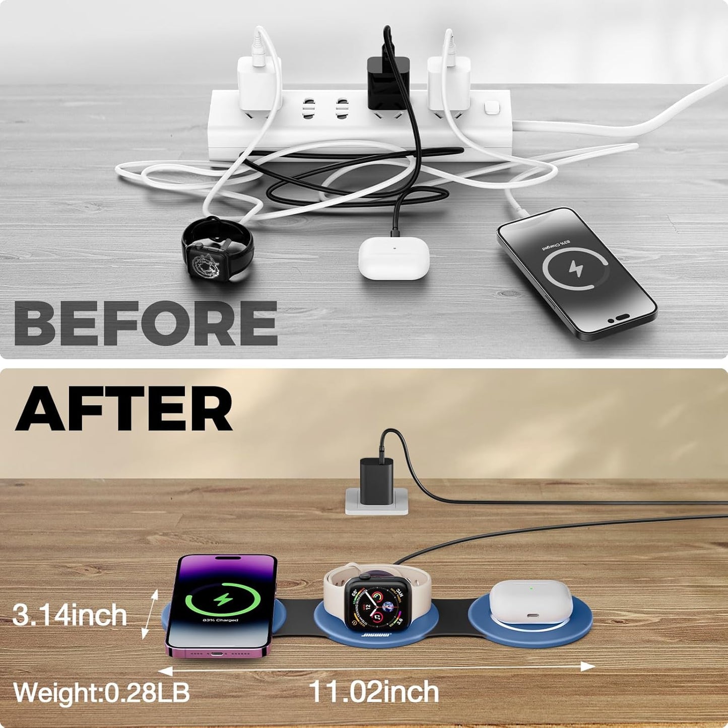 Hicober 3 in 1 Charging Station for Apple Multiple Devices, Foldable Travel Wireless Charger 18W for iPhone Air 17 16 15 14 13 Pro Max Plus &Apple Watch Series/Airpods Light Blue