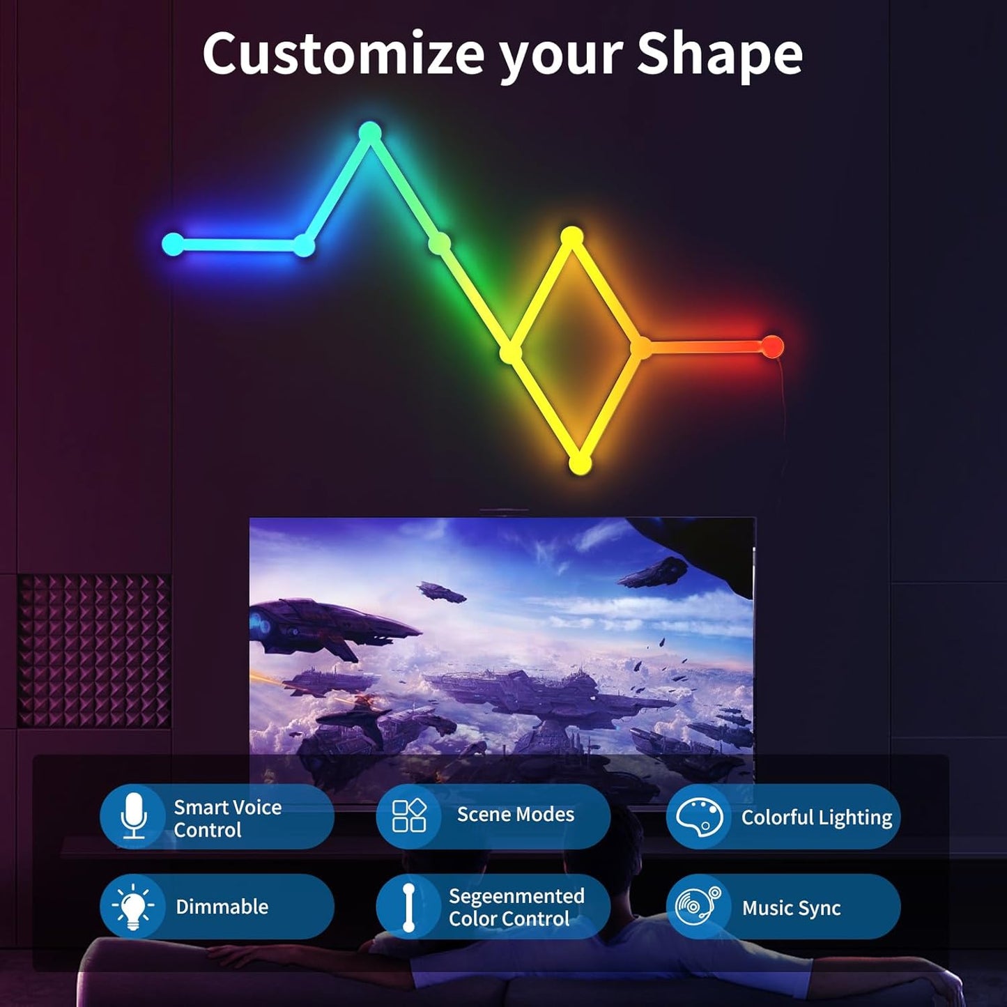 Smart WiFi RGB LED Wall Light Lines, Music Sync DIY Geometry Splicing Gaming Lights, 16M+ Color Changing Home Decor Lights Work with Alexa and Google Assistant for Game Room, Bedroom - 9 Bars