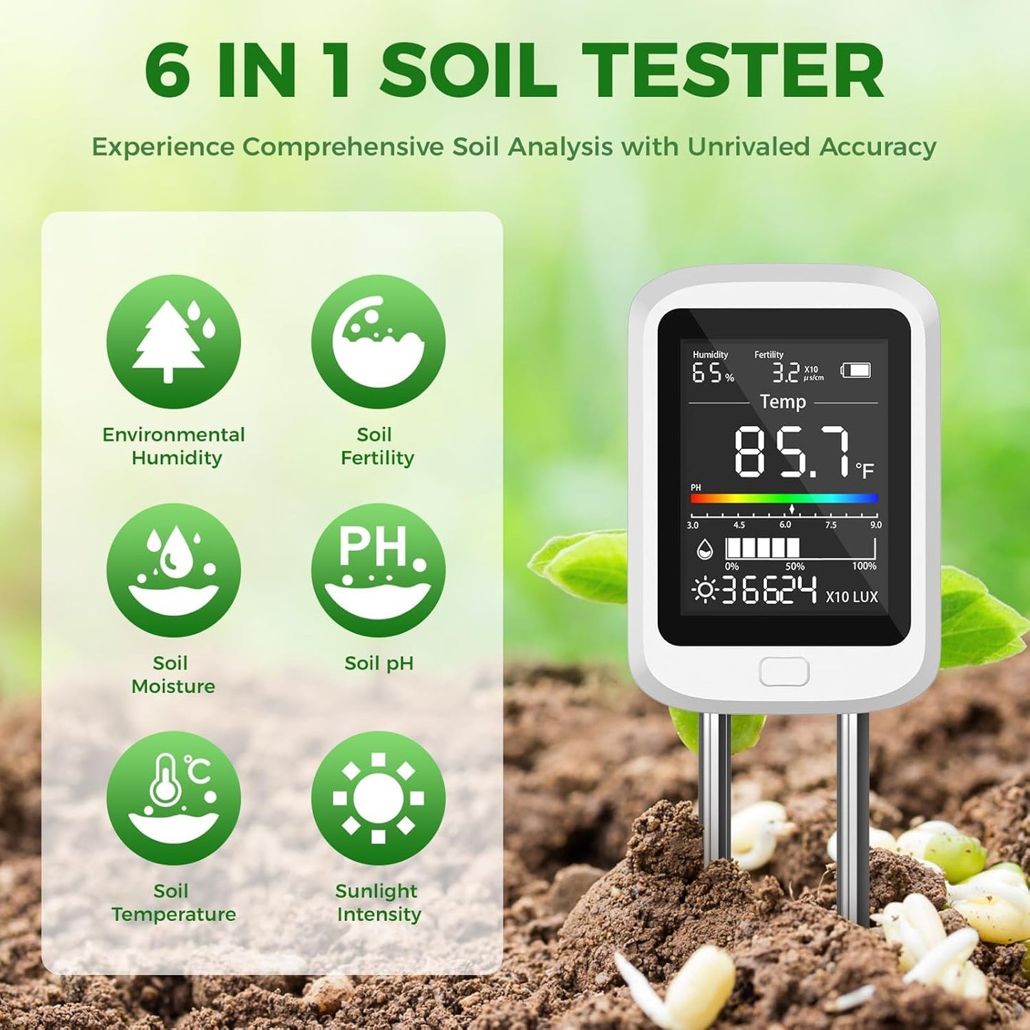 6-in-1 Soil Test Kit for Gardening Deals, Digital pH Meter/Temperature/Sunlight/Fertility/Environmental| Factory-Permanent Calibration
