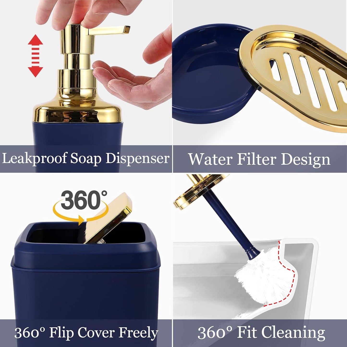 Blue Bathroom Set, Bathroom Sets with Stripe Shower Curtain, Navy Blue and Gold Bathroom Accessories with Trash Can, Soap Dispenser, Soap Dish, Toilet Brush Holder, Qtip Holders for Bathroom