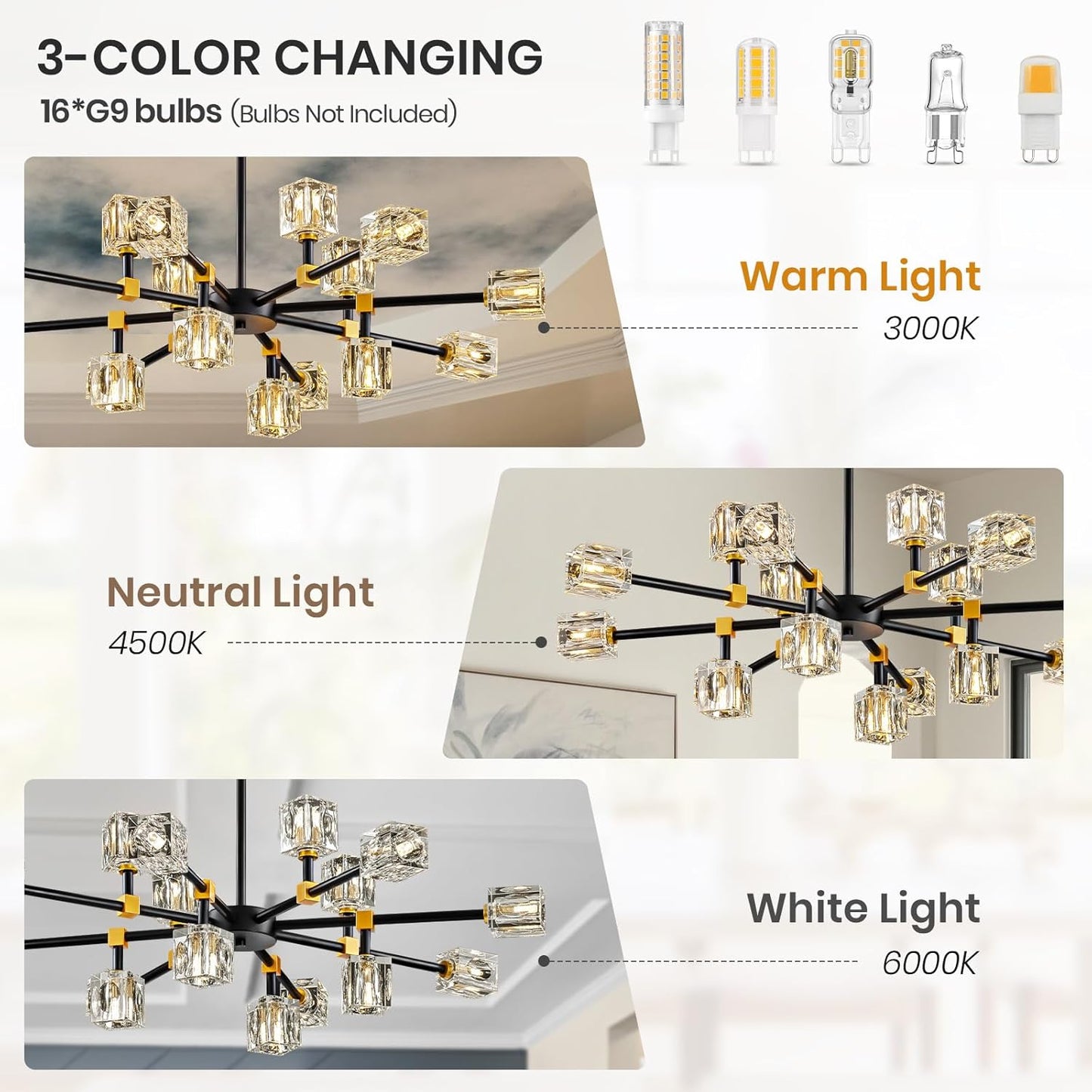 Sputnik Chandeliers with16-Light,Modern Black and Gold Crystal Chandelier, Mid Century Ceiling Light Fixture for Dining Room, Kitchen Island,Foyer,Living Room,Bedroom