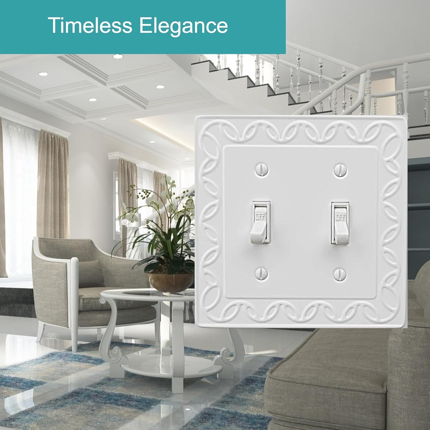 Double Toggle Light Switch Cover NovaBloom Metal Wall Plate, 2-Pack White 2 Gang, Light Switch Cover Decorative Wallplate, Durable